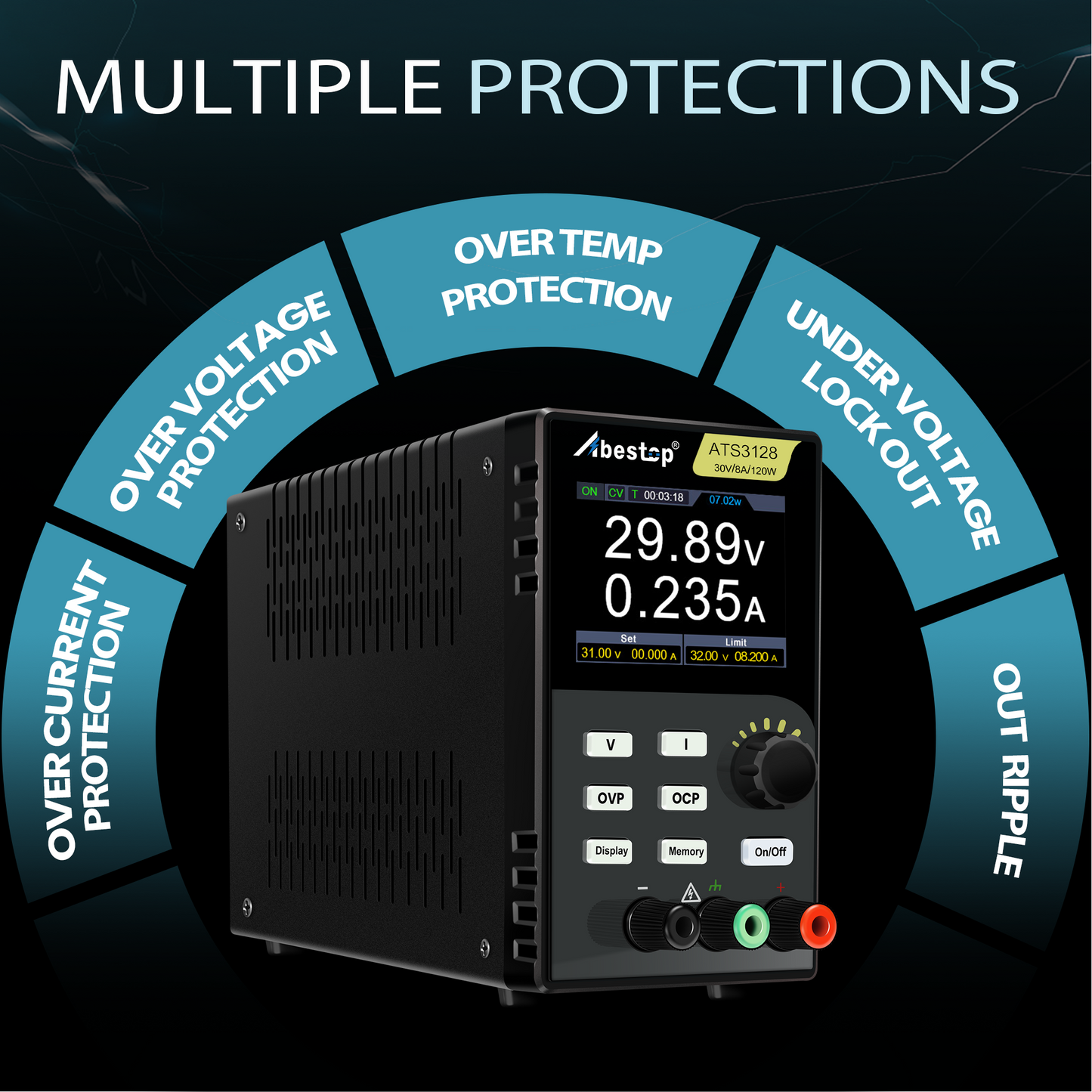 Abestop DC Power Supply 30V/8A Programmable Fanless Ultra-Quiet Bench Power Supply Editing List Waveform and Output with Multiple Protections (30V/8A/120W/ATS3128)