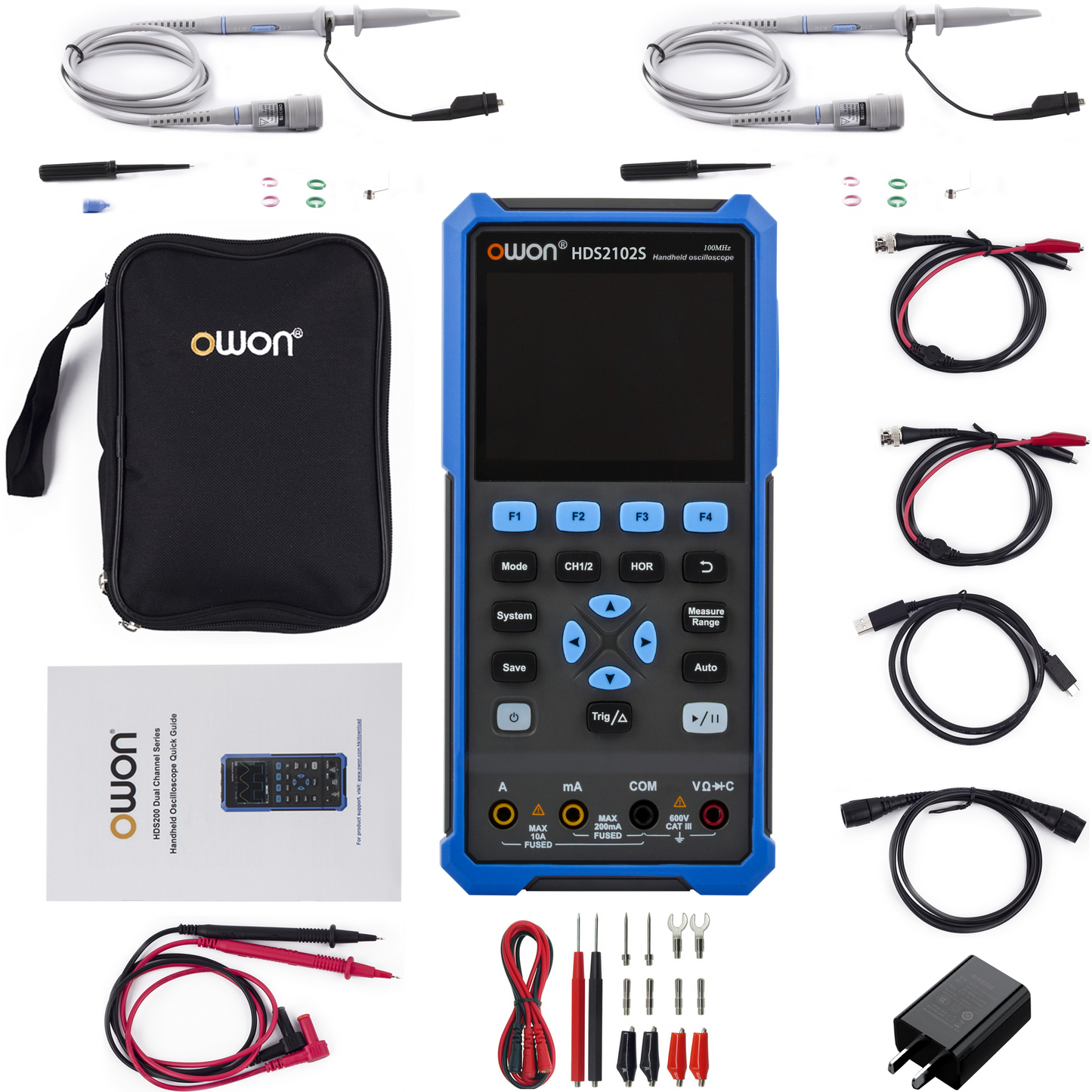 HDS2102S OWON オシロスコープ 2+1CH デジタルハンドヘルドオシロスコープマルチメータ 3 in 1 100MHz 帯域幅 3.5 インチ LCD マルチメータ OSC+DMM+波形信号発生器、自動車メンテナンス、電力検出用