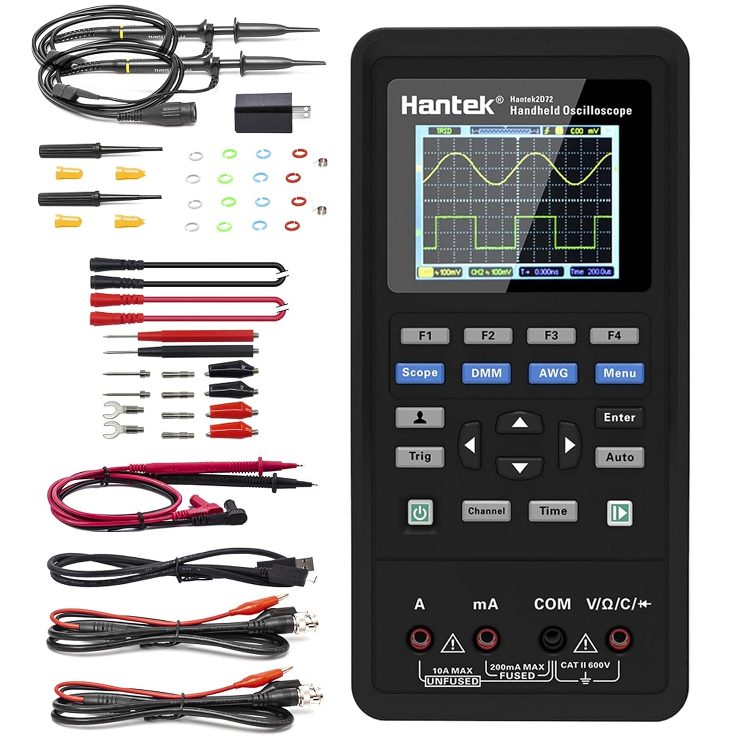 Hantek 2D72 Handheld Oscilloscope 70MHz Waveform Generator Multimeter 3 in 1 Multifunction Tester 2CH+AFG+DMM Comes with 2 Probes