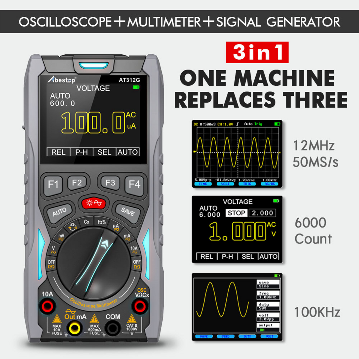 Abestop オシロスコープ 3 in 1 機能オシロスコープマルチメータ、波形発生器付き 12MHz 帯域幅 50MSa/s サンプリングレート信号源メータテスター (AT312G)