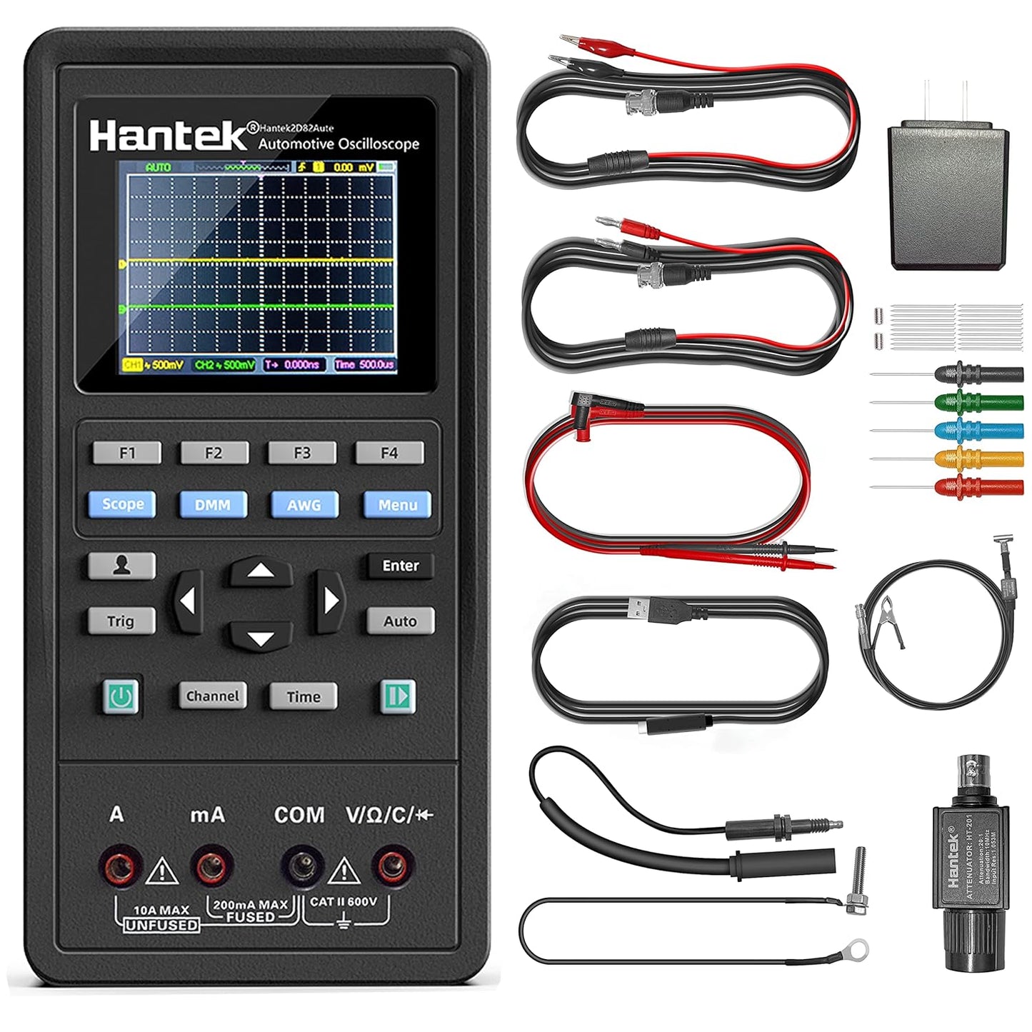Hantek Professional Automotive Oscilloscope 2D82AUTO, 4 in 1 Handheld Oscilloscope Multimeter, Digital USB Oscilloscope with 2 Channels 80 MHz Bandwidth, Oscilloscope Kit 2D82 I
