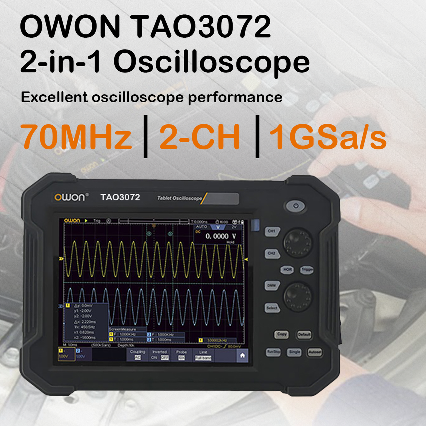 OWON TAO3072 Tablet Oscilloscope, 2 in 1 Oscilloscope and Multimeter, 2 CH 70MHz 1GS/s 8-Bit Resolution, 8 inch Touchscreen, Automotive Diagnostics, Circuit Testing,  Industrial R&D, Field Testing
