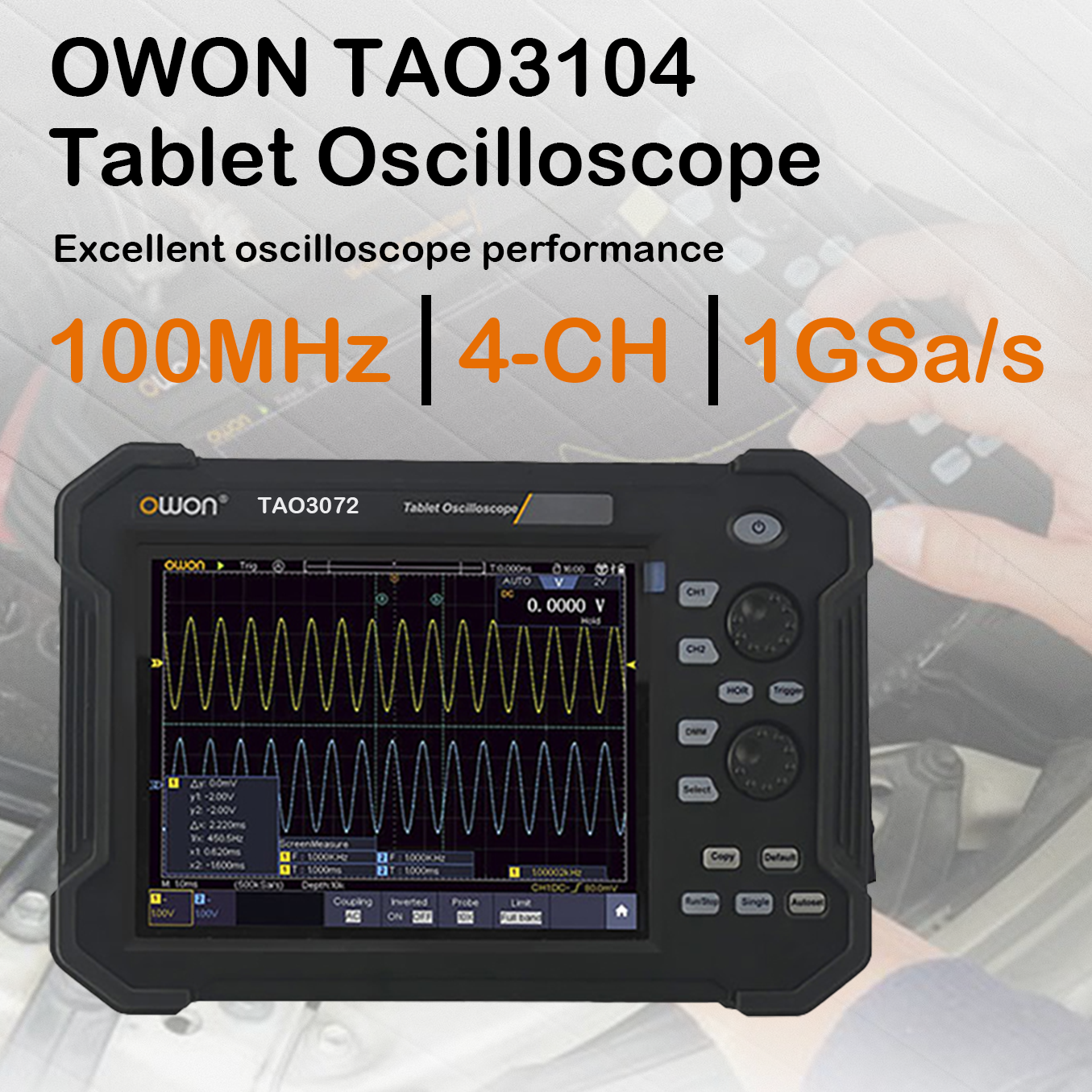 OWON TAO3104 Tablet Oscilloscope, with 4 CH 100MHz 1GS/s 8-Bit Resolution, 8 inch Touchscreen, Automotive Diagnostics, Circuit Testing,  Industrial R&D, Field Testing