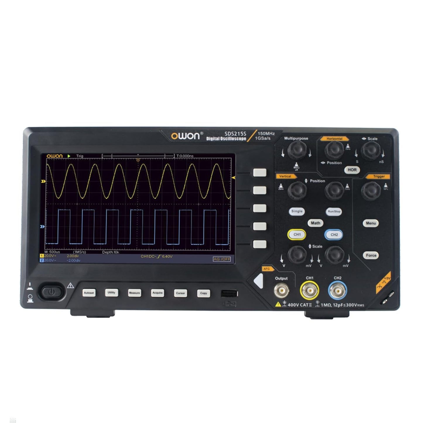 OWON SDS215S Oscilloscope 150MHz Bandwidth 2+1CH 3 in 1 Functions with 25MHz Waveform Generator Digital Multimeter 7” LCD Display 1GS/s Sample Rate for Each Channel
