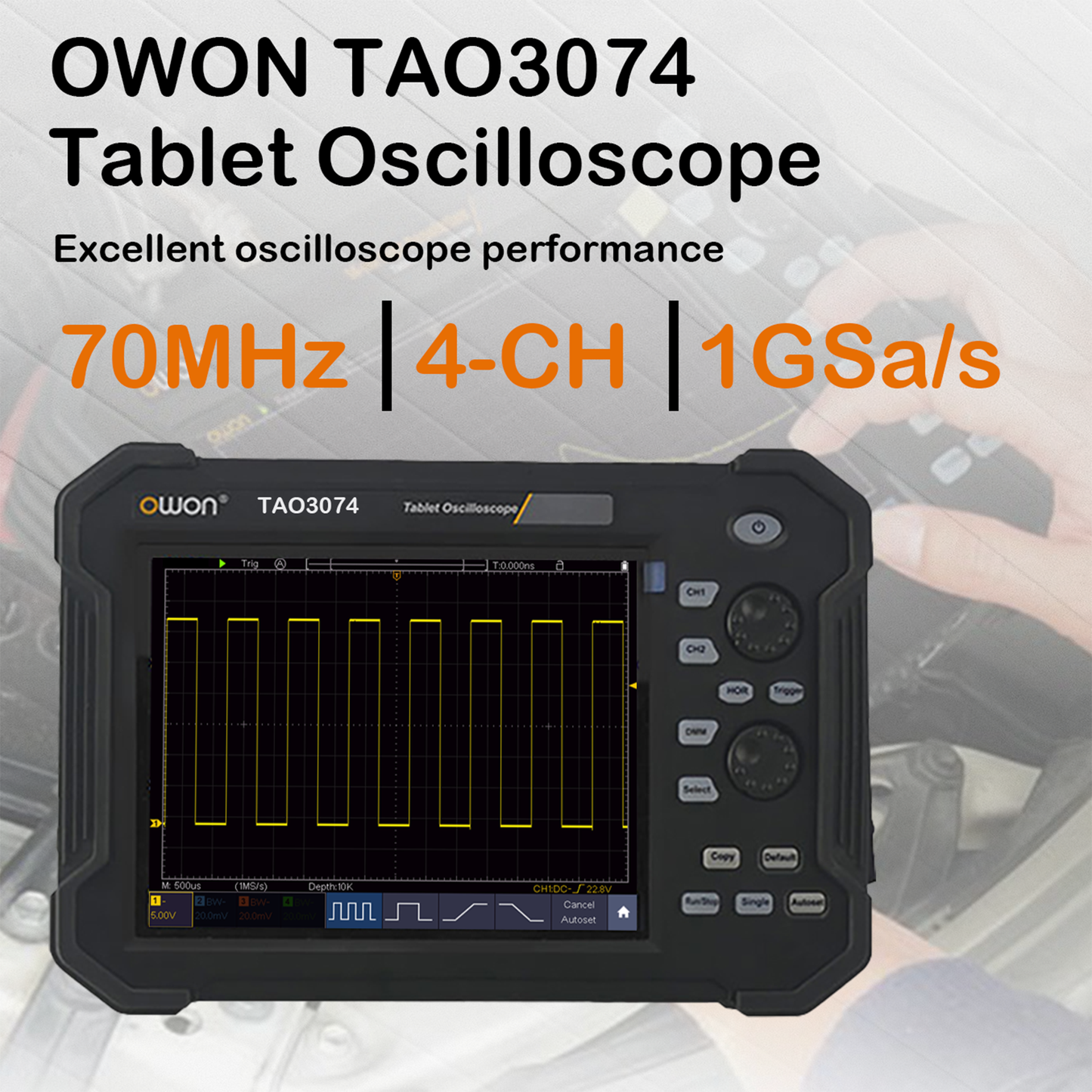 OWON TAO3074 Tablet Oscilloscope, with 4 CH 70MHz 1GS/s 8-Bit Resolution, 8 inch Touchscreen, Automotive Diagnostics, Circuit Testing,  Industrial R&D, Field Testing