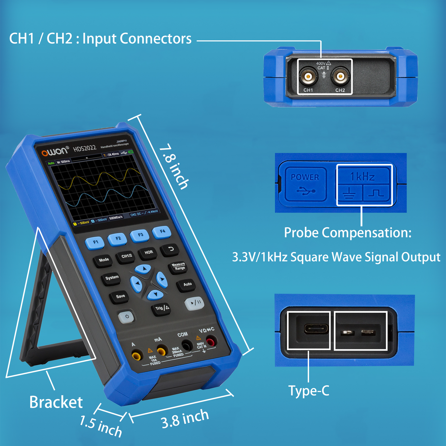 HDS2202 OWON オシロスコープ 2CH デジタルハンドヘルドオシロスコープ 200MHz 帯域幅 1GSa/s サンプリングレート 3.5 インチ LCD オシロスコープ + マルチメータ 自動車のメンテナンスおよび電源検出に使用