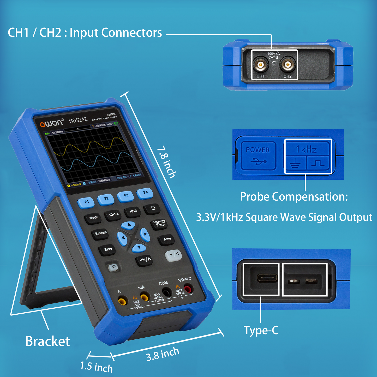 HDS242 OWON オシロスコープ 2-in-1 2 チャンネルデジタルハンドヘルドオシロスコープ 多機能 3.5 インチ LCD 40MHz 帯域幅 2000 カウンティングマルチメータ 車載メンテナンスおよび電源検出用 OSC+DMM