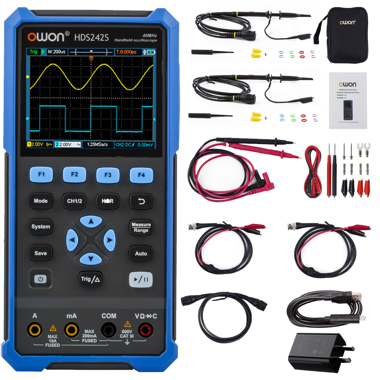 HDS242S OWON オシロスコープ 3-in-1 デジタルハンドヘルドオシロスコープ 多機能 2+1CH 3.5 インチ LCD 40MHz 帯域幅マルチメータ OSC + DMM+ 波形信号発生器、自動車メンテナンス、電源検出に使用