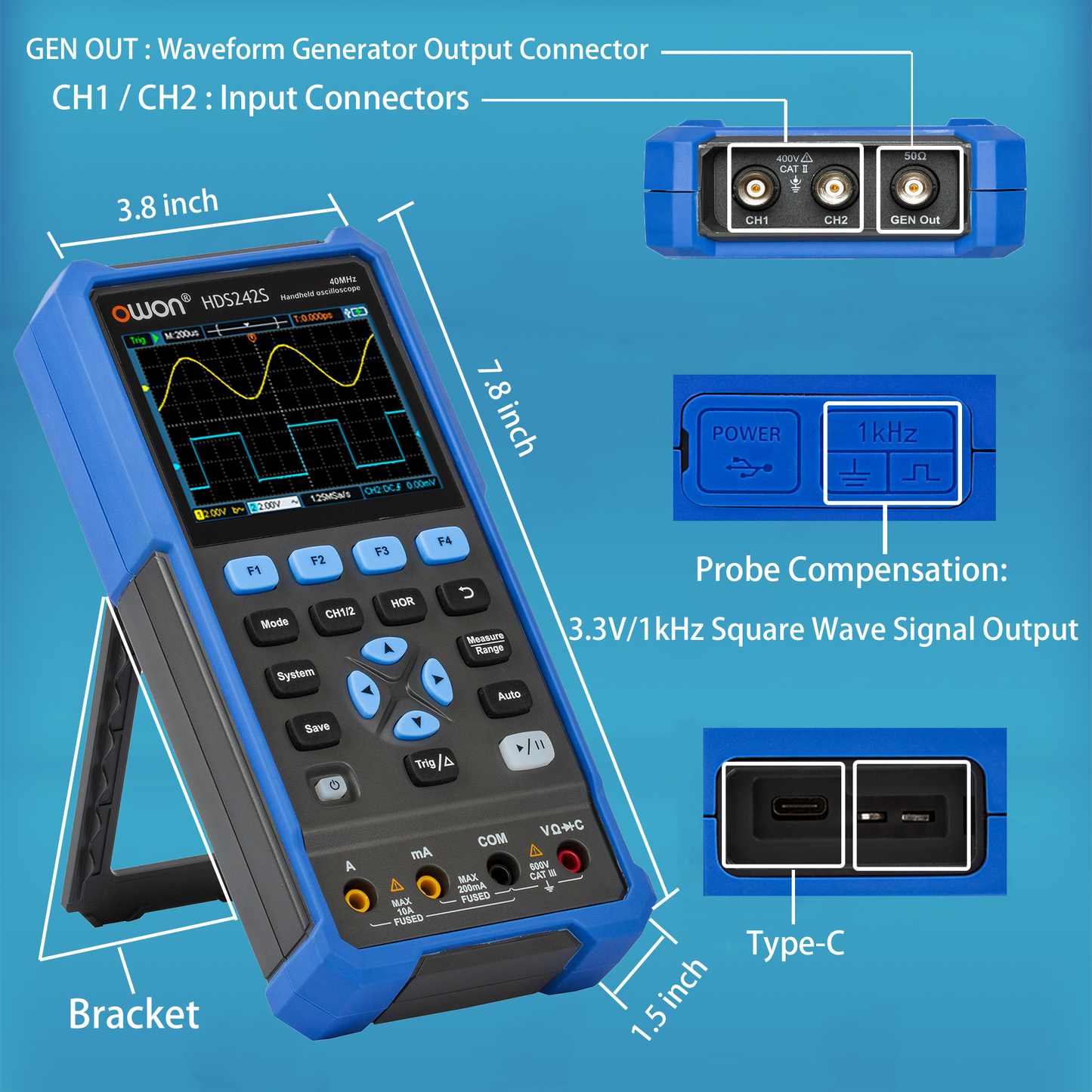 HDS242S OWON オシロスコープ 3-in-1 デジタルハンドヘルドオシロスコープ 多機能 2+1CH 3.5 インチ LCD 40MHz 帯域幅マルチメータ OSC + DMM+ 波形信号発生器、自動車メンテナンス、電源検出に使用