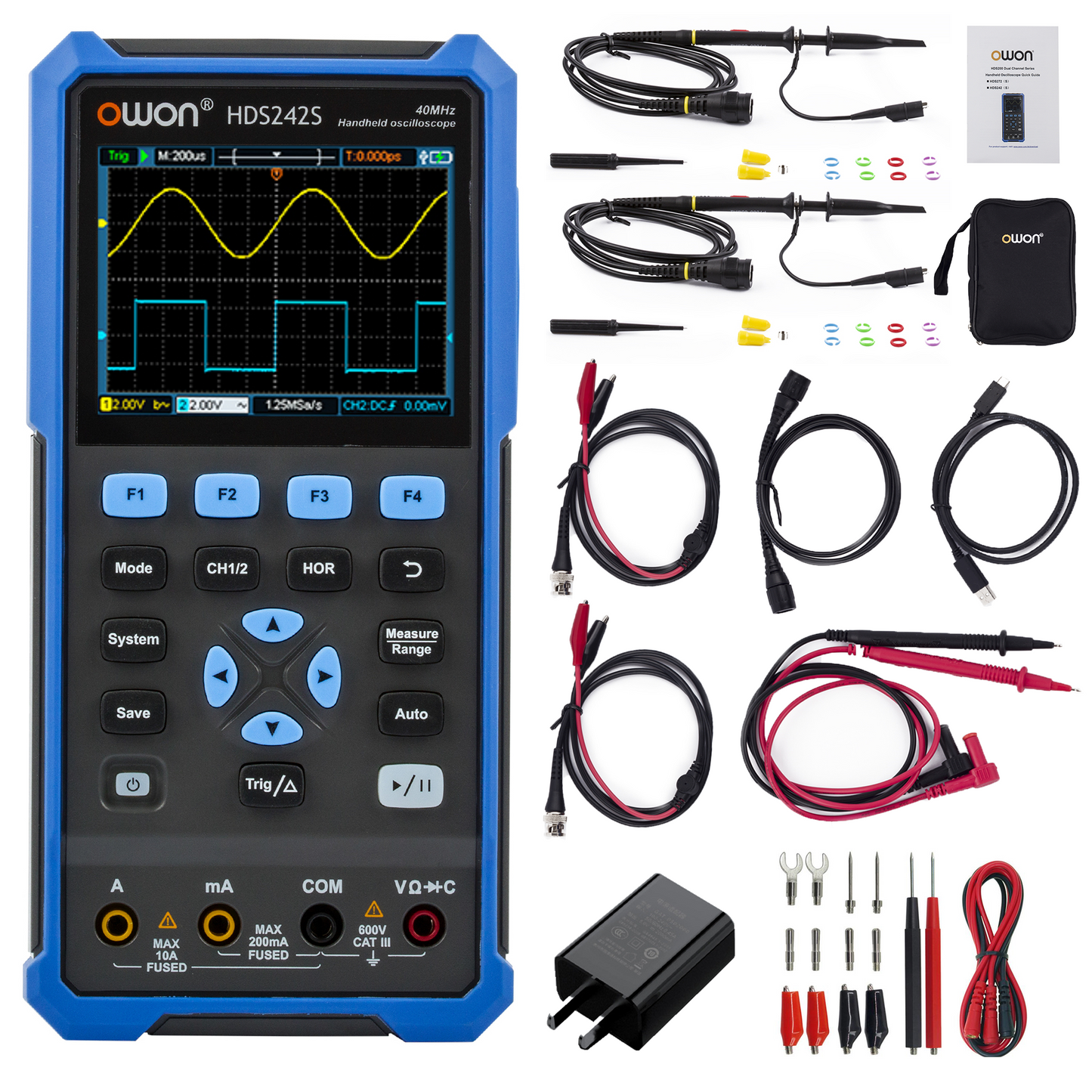 HDS242S OWON オシロスコープ 3-in-1 デジタルハンドヘルドオシロスコープ 多機能 2+1CH 3.5 インチ LCD 40MHz 帯域幅マルチメータ OSC + DMM+ 波形信号発生器、自動車メンテナンス、電源検出に使用