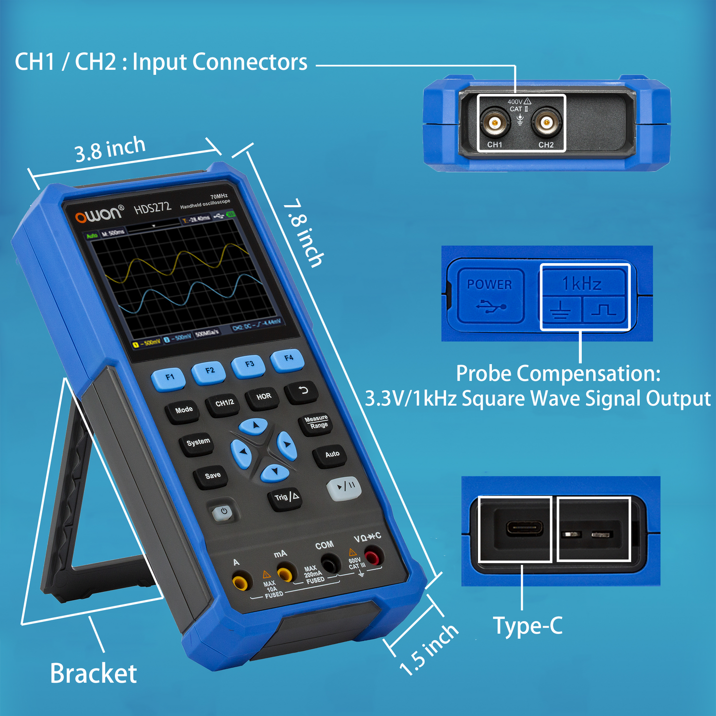 HDS272 OWON オシロスコープ 2-in-1 2 チャンネルデジタルハンドヘルドオシロスコープ 多機能 3.5 インチ LCD 70MHz 帯域幅 2000 カウント 自動車メンテナンス、電源検出用のほとんどの OSC+DMM+