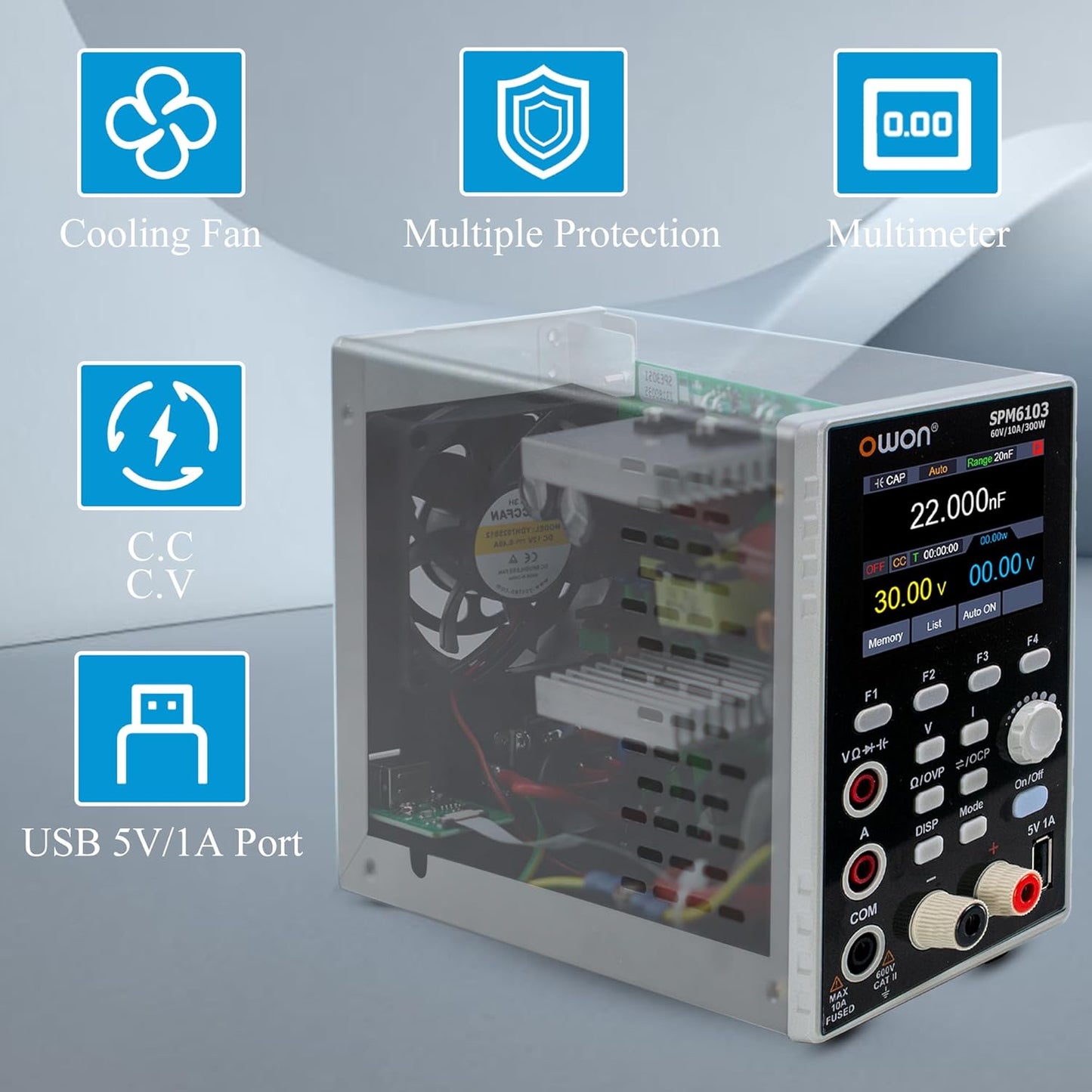 OWON SPM6103 DC Power Supply with Multimeter 2 in 1 Function 4 1/2 Digits Multimeter 10mV/1mA Resolution Power Supply with 2.8 inch LCD(60V/10A/300W) 110V Input Voltage