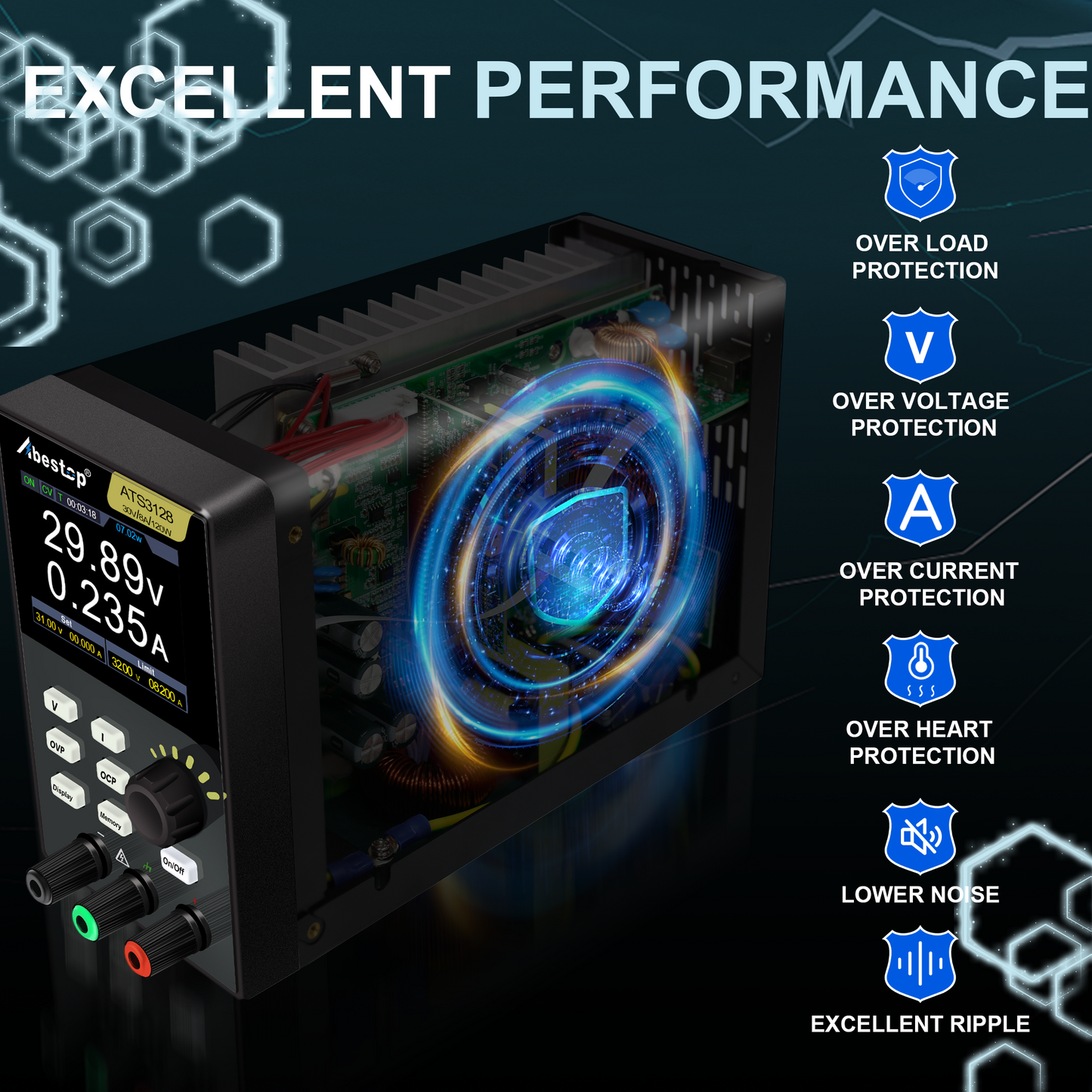 Abestop DC Power Supply 30V/8A Programmable Fanless Ultra-Quiet Bench Power Supply Editing List Waveform and Output with Multiple Protections (30V/8A/120W/ATS3128)