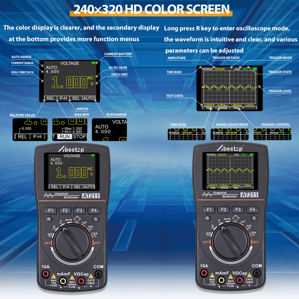 2 in 1 Oscilloscope Multimeter Function Digital Oscilloscope 1MHz Bandwidth 2.5Msps Sampling Rate Digital Oscilloscope Multimeter Trigger Mode AC/DC Current/Voltage Tester