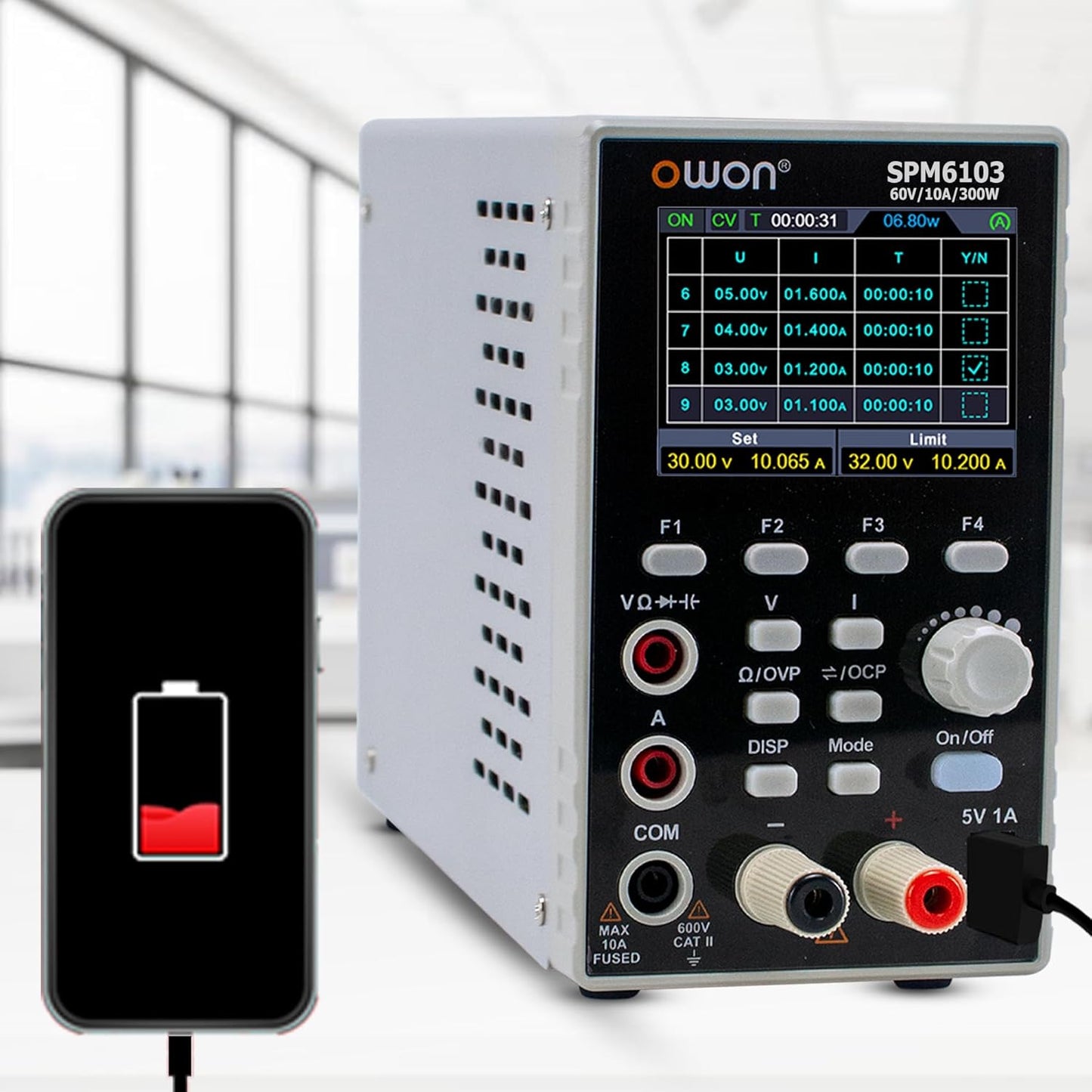 OWON SPM6103 DC Power Supply with Multimeter 2 in 1 Function 4 1/2 Digits Multimeter 10mV/1mA Resolution Power Supply with 2.8 inch LCD(60V/10A/300W) 110V Input Voltage