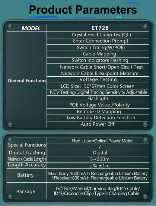 ET728 Network Cable Tester PoE Tester Cable Length Measurement Digital Line Finding Function Design with Low Noise for Multiple Tester
