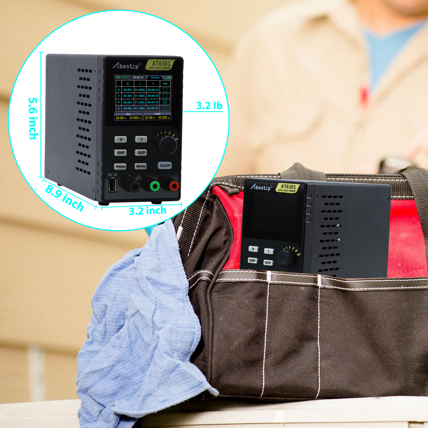 AT6301 DC Power Supply Variable, 60V/10A/300W Adjustable Bench Power Supply with 10mV / 1mA High Resolution 4-Digits 2.8 inch LCD Display, 5V/1A USB Output