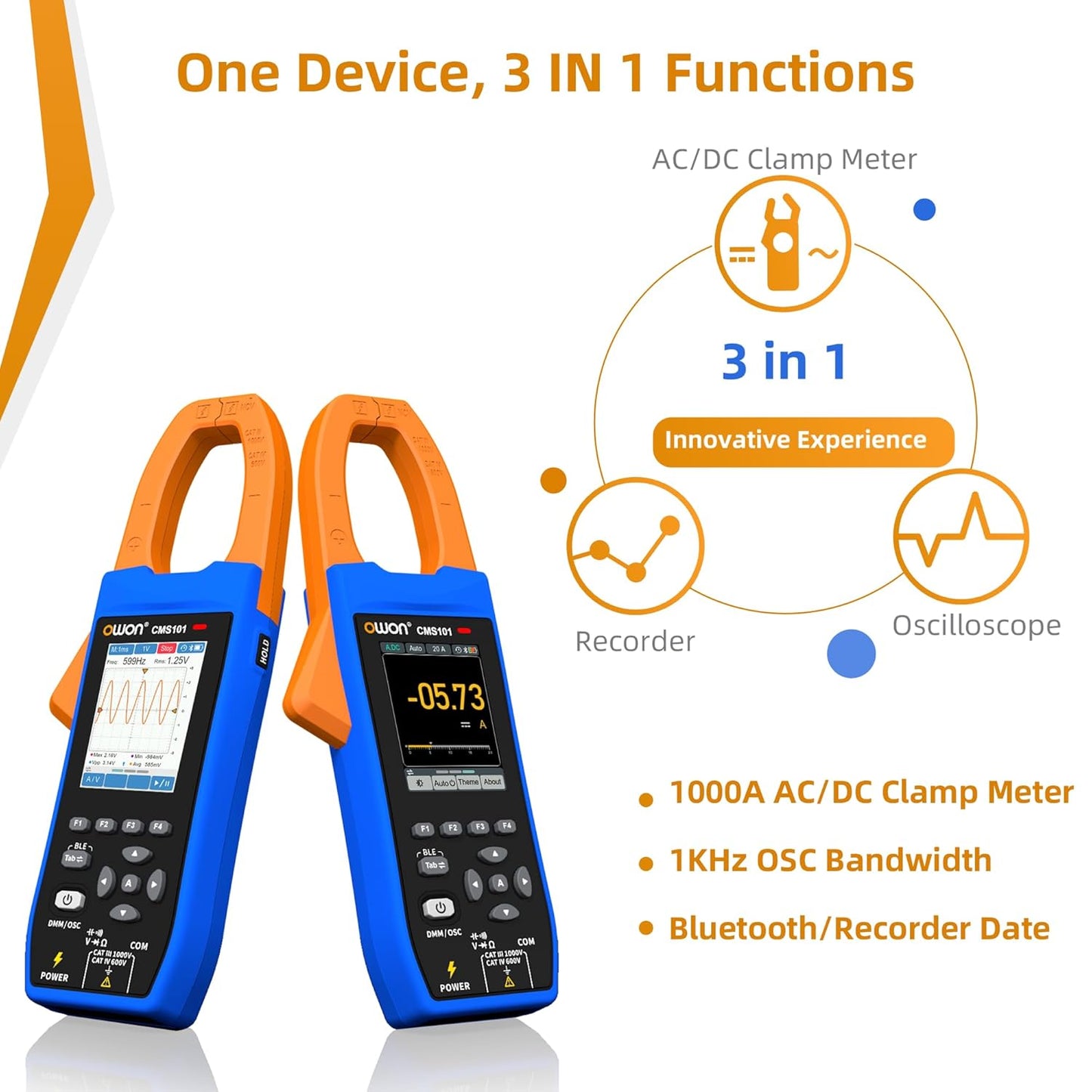 OWON Clamp Meter 1000A Smart AC/DC Clamp Meter with 1KHz Oscilloscope Record Function 3 in 1 Functions with 2.8-inch IPS LCD Display (CMS101)