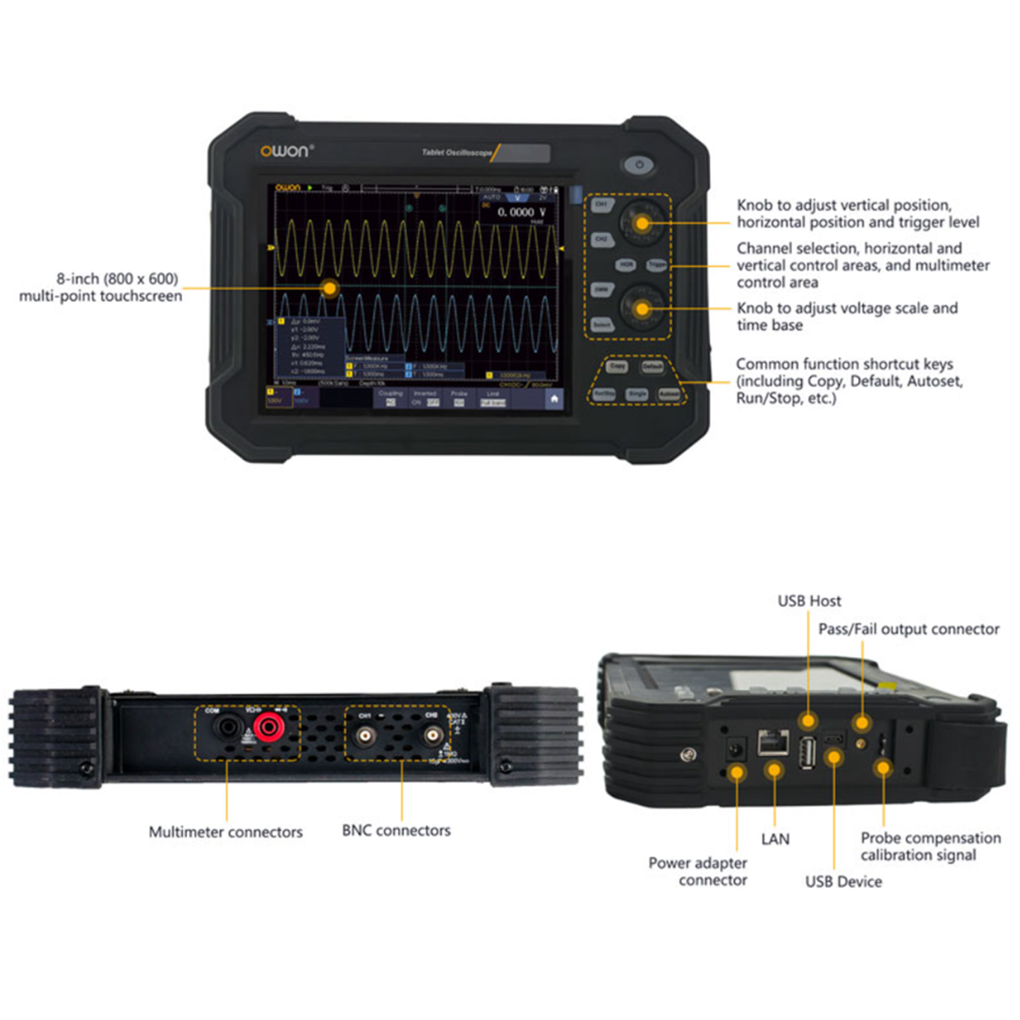 OWON TAO3102 Tablet Oscilloscope, 2 in 1 Oscilloscope and Multimeter, 2 CH 100MHz 1GS/s 8-Bit Resolution, 8 inch Touchscreen, Automotive Diagnostics, Circuit Testing,  Industrial R&D, Field Testing