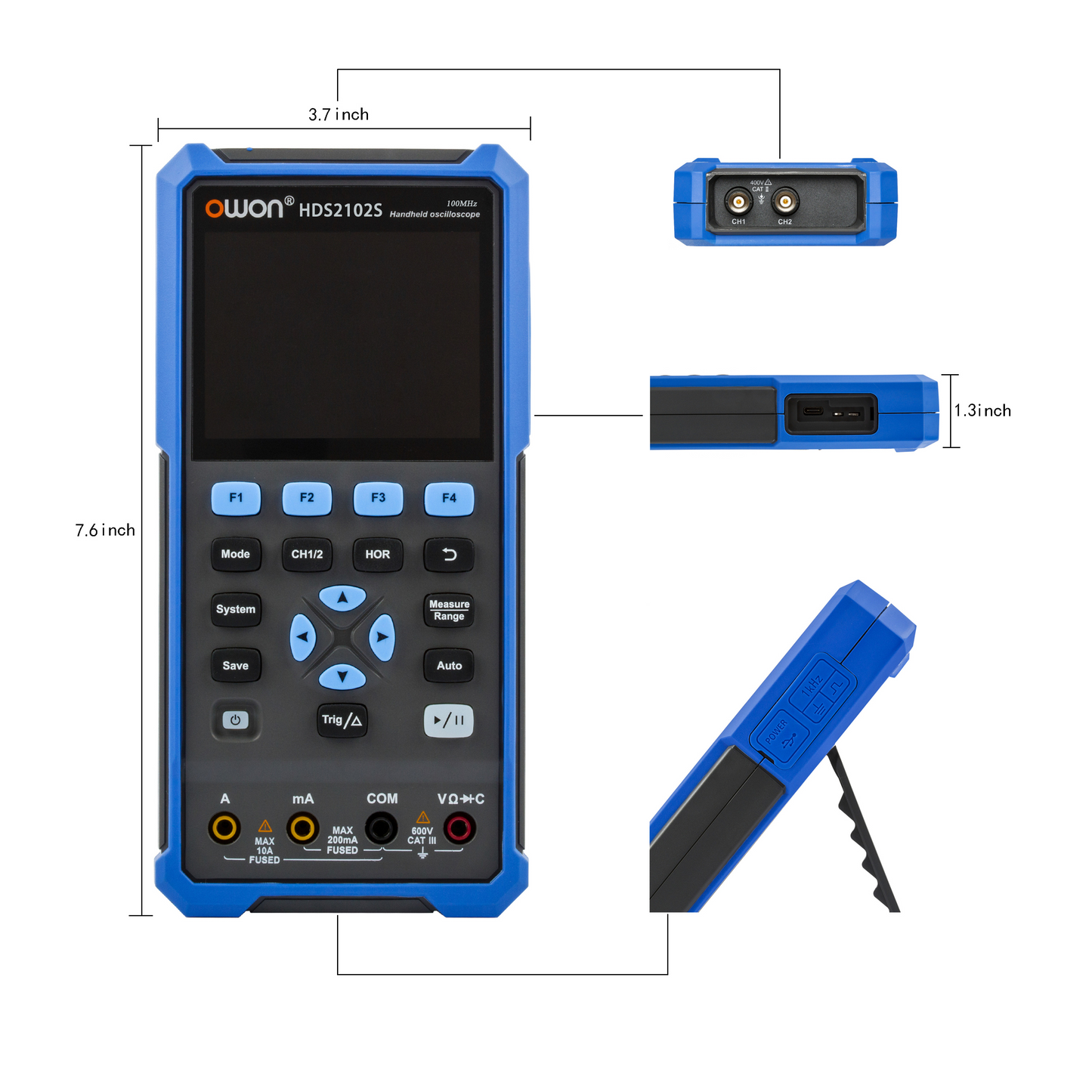 HDS2102S OWON オシロスコープ 2+1CH デジタルハンドヘルドオシロスコープマルチメータ 3 in 1 100MHz 帯域幅 3.5 インチ LCD マルチメータ OSC+DMM+波形信号発生器、自動車メンテナンス、電力検出用