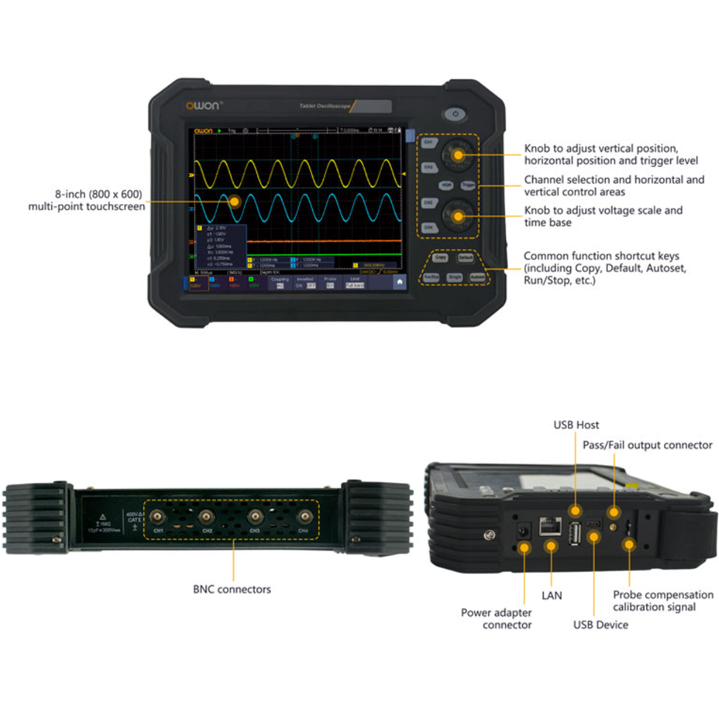 OWON TAO3074 Tablet Oscilloscope, with 4 CH 70MHz 1GS/s 8-Bit Resolution, 8 inch Touchscreen, Automotive Diagnostics, Circuit Testing,  Industrial R&D, Field Testing