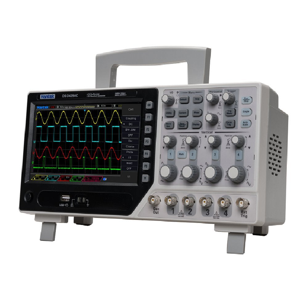 DSO4254C Hantek Desktop Oscilloscope 250MHz Bandwidth 4 Channels Oscillograph with 1CH 25MHz Arbitrary Waveform Generator(4CH Oscilloscope+EXT+AFG+DVM+Auto Range Function) 7” 64K TFT LCD Display