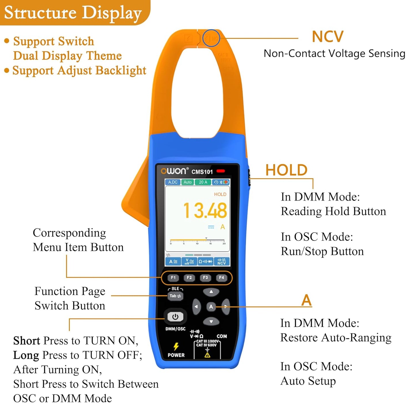 OWON Clamp Meter 1000A Smart AC/DC Clamp Meter with 1KHz Oscilloscope Record Function 3 in 1 Functions with 2.8-inch IPS LCD Display (CMS101)