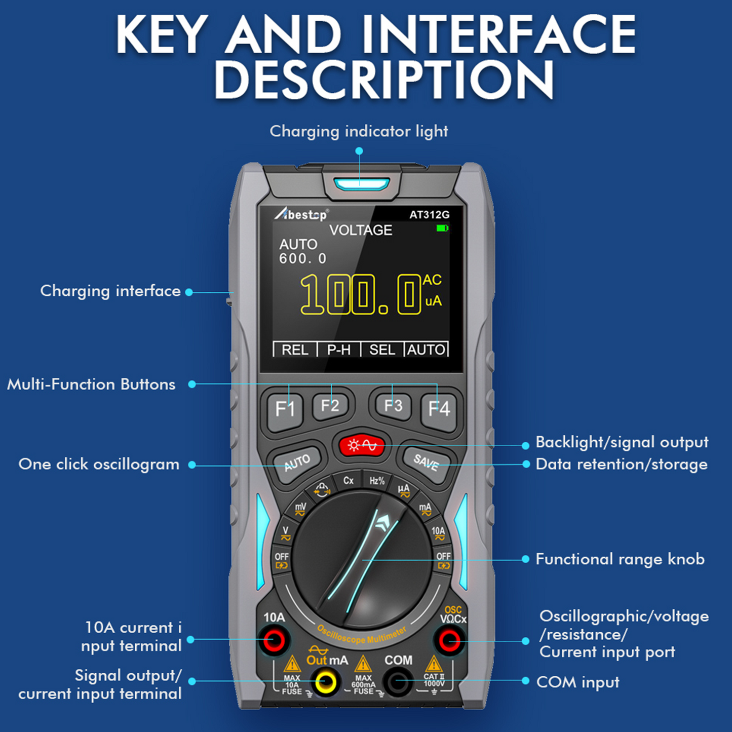 Abestop AT312G 3 in 1 オシロスコープ デジタル スコープ マルチメータ 12MHz 帯域幅 50MSa/s サンプリング レート 内蔵ジェネレータ マルチマルチメータ テスター機能