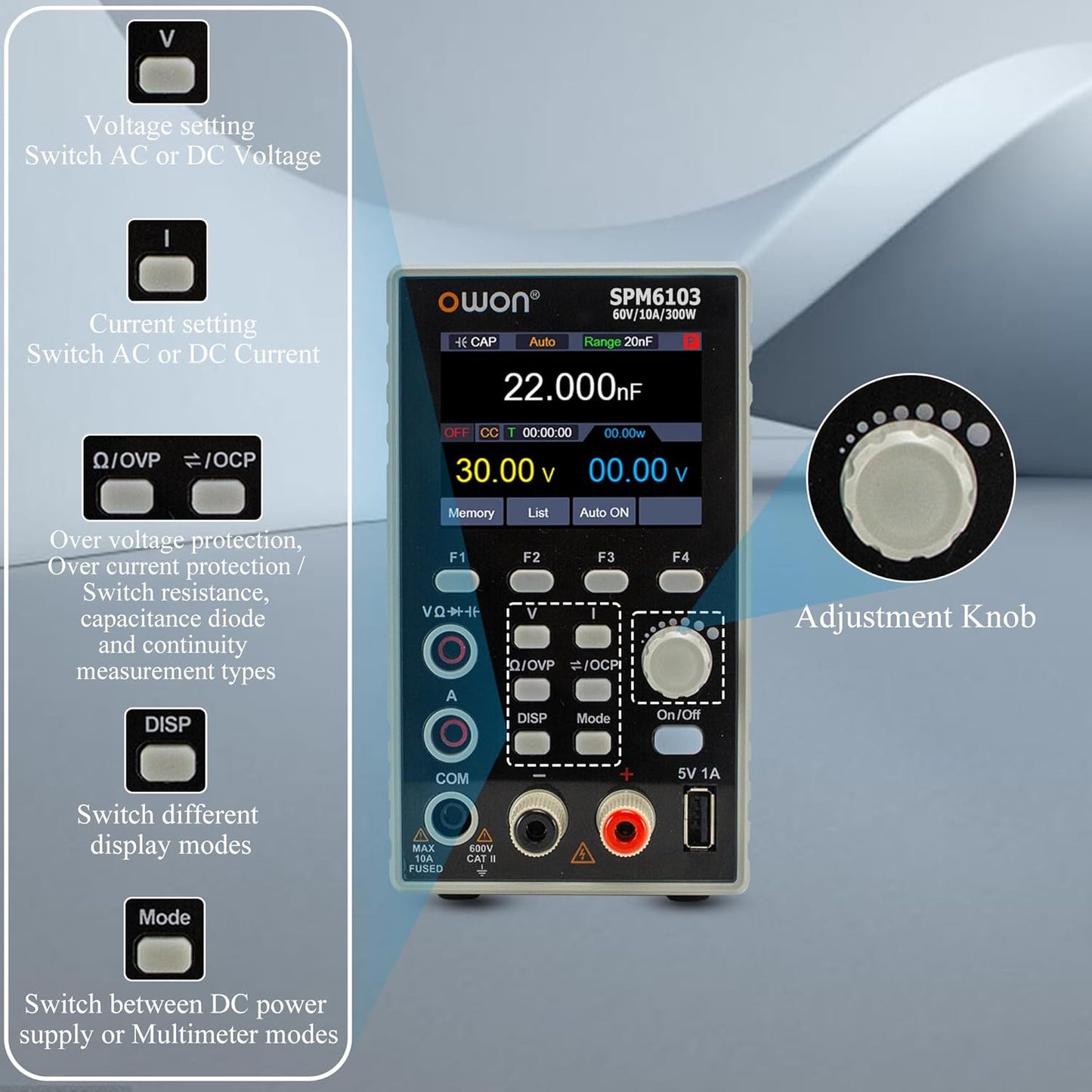 OWON SPM6103 DC Power Supply with Multimeter 2 in 1 Function 4 1/2 Digits Multimeter 10mV/1mA Resolution Power Supply with 2.8 inch LCD(60V/10A/300W) 110V Input Voltage