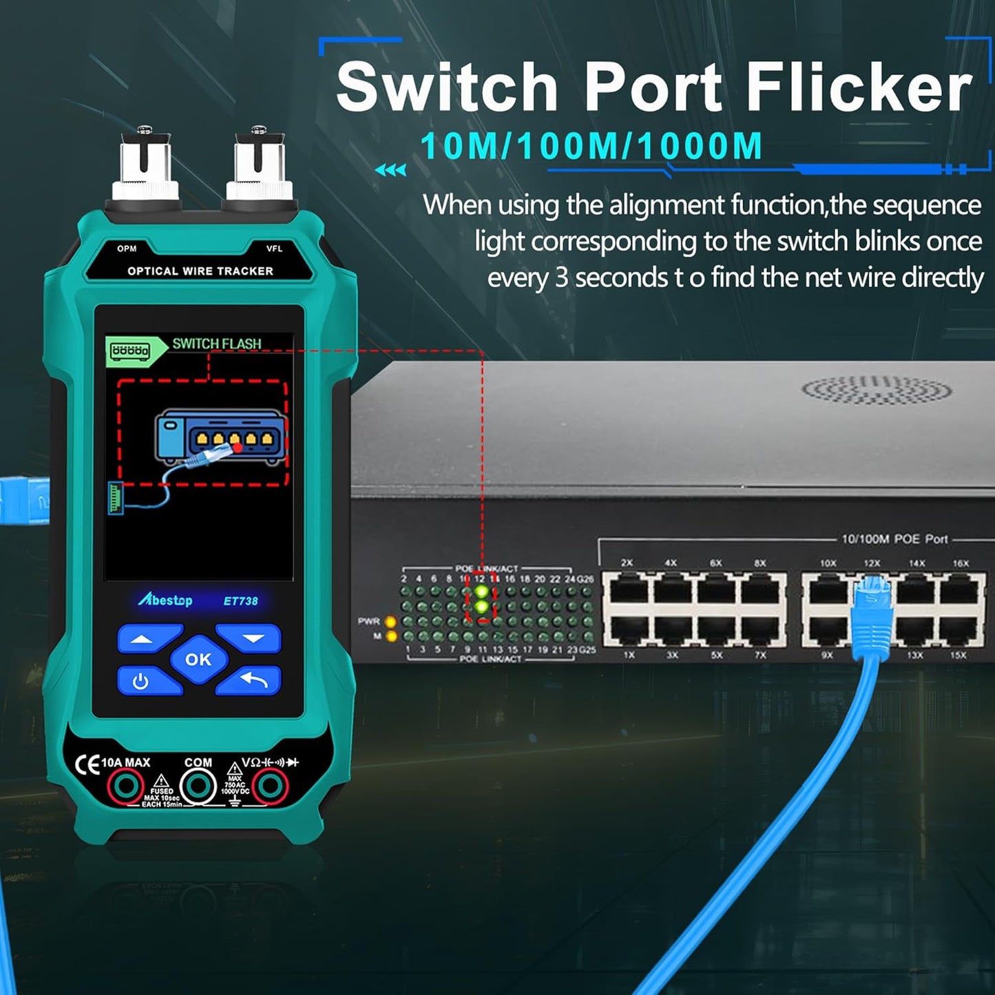 ET738 Abestop 2 in 1 Network Cable Tester with Digital Multimeter Functions Design of 6dBm to 70dBm Optical Power Meter with 3.2" LCD