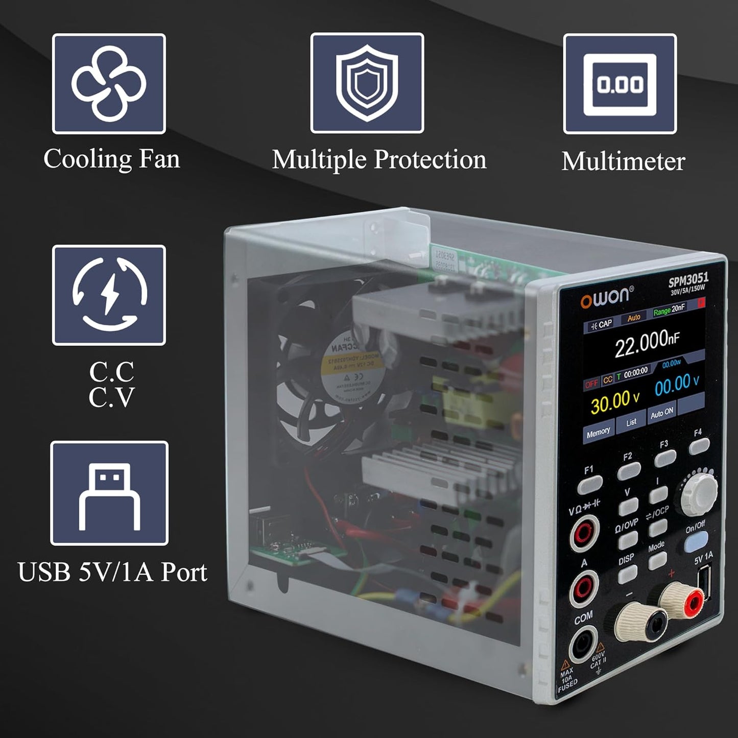 OWON SPM3051 DC Power Supply with 4 1/2 Digits Multimeter 2 in 1 Function 10mV/1mA Resolution (150W/30V/5A) 110V Input Voltage