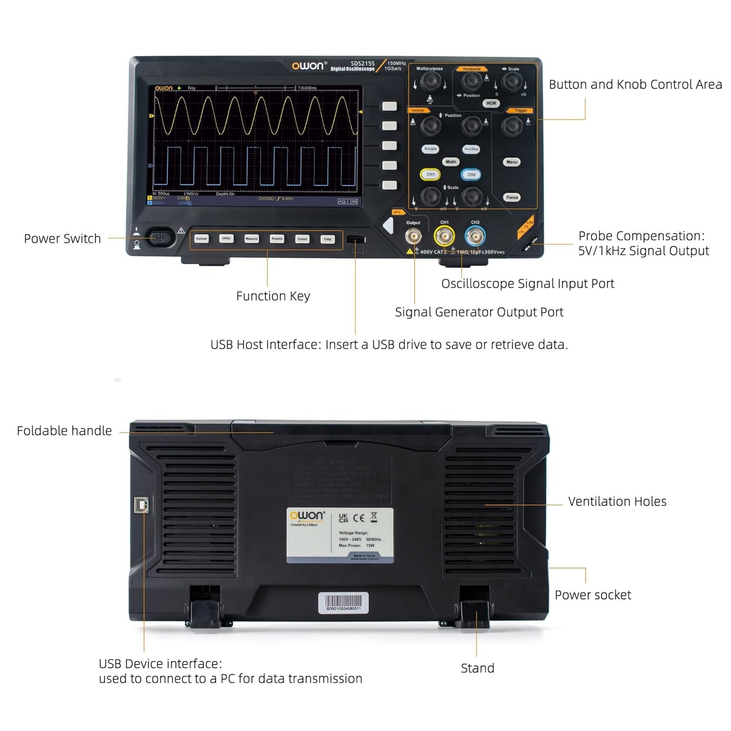 OWON SDS215S Oscilloscope 150MHz Bandwidth 2+1CH 3 in 1 Functions with 25MHz Waveform Generator Digital Multimeter 7” LCD Display 1GS/s Sample Rate for Each Channel
