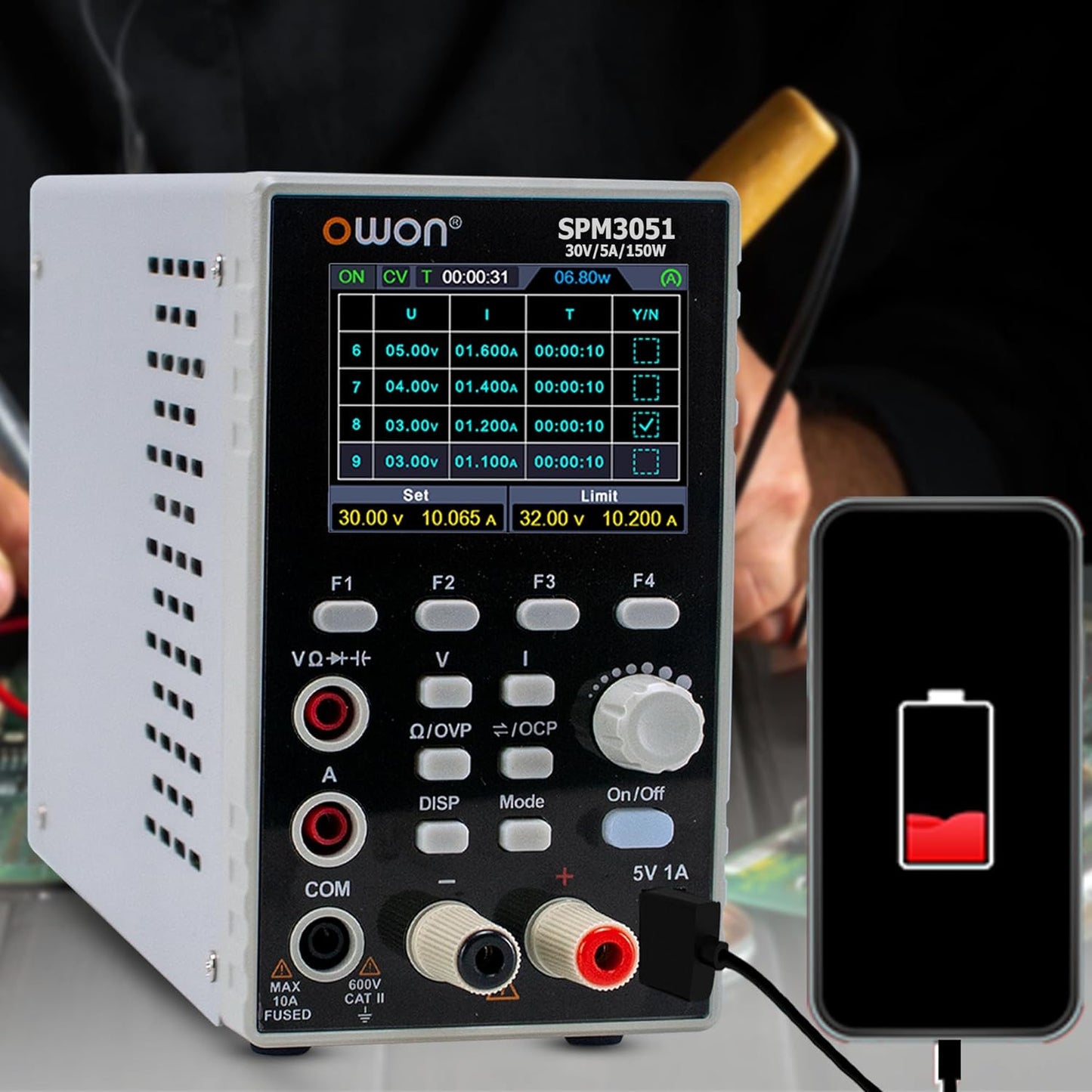 OWON SPM3051 DC Power Supply with 4 1/2 Digits Multimeter 2 in 1 Function 10mV/1mA Resolution (150W/30V/5A) 110V Input Voltage
