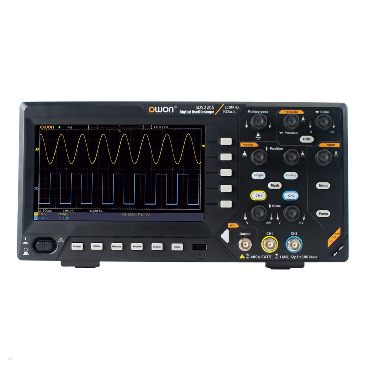 SDS220S OWON Oscilloscope 200MHz Bandwidth 2+1 Channel 3 in 1 Functions with 25MHz Waveform Generator Digital Multimeter 7” LCD Display 1GS/s Sample Rate