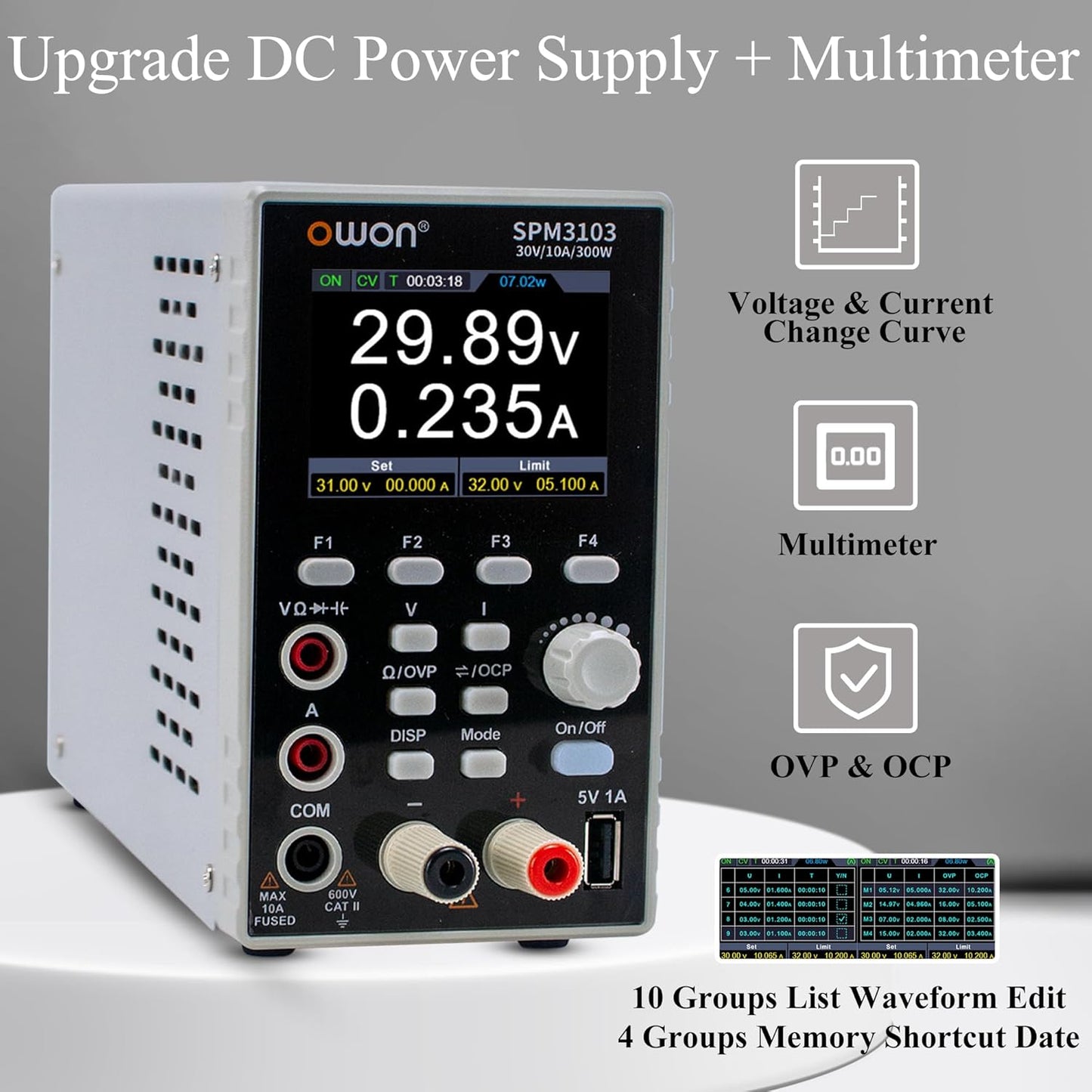 SPM3103 OWON DC Power Supply Built-in 4 1/2 Digits Multimeter 2-in-1 Function with 2.8 inch LCD Easy to Read (300W/30V/10) 110V Input Voltage