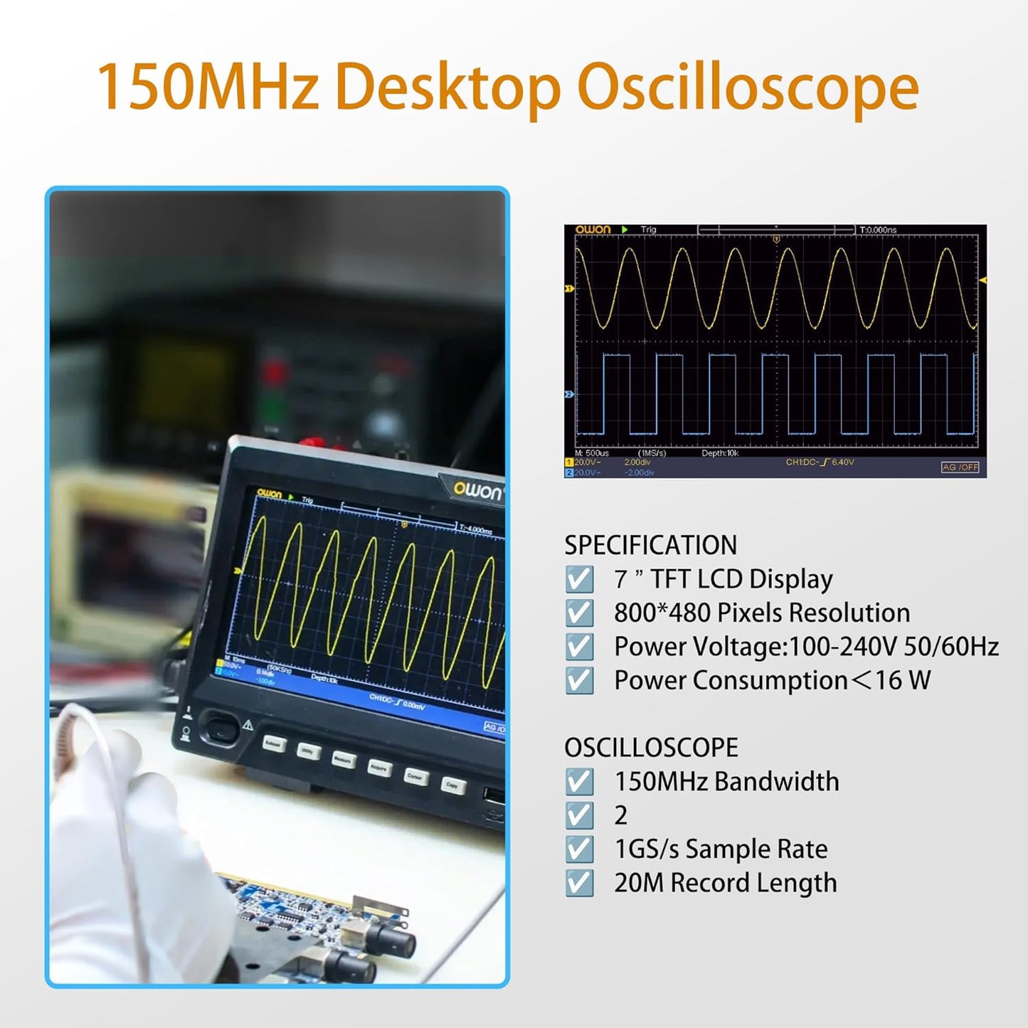 SDS215 OWON Oscilloscope 150MHz Bandwidth Dual Channel Digital Oscillograph 2 in 1 Function 7” LCD with 1GS/s Sample Rate for Each Channel