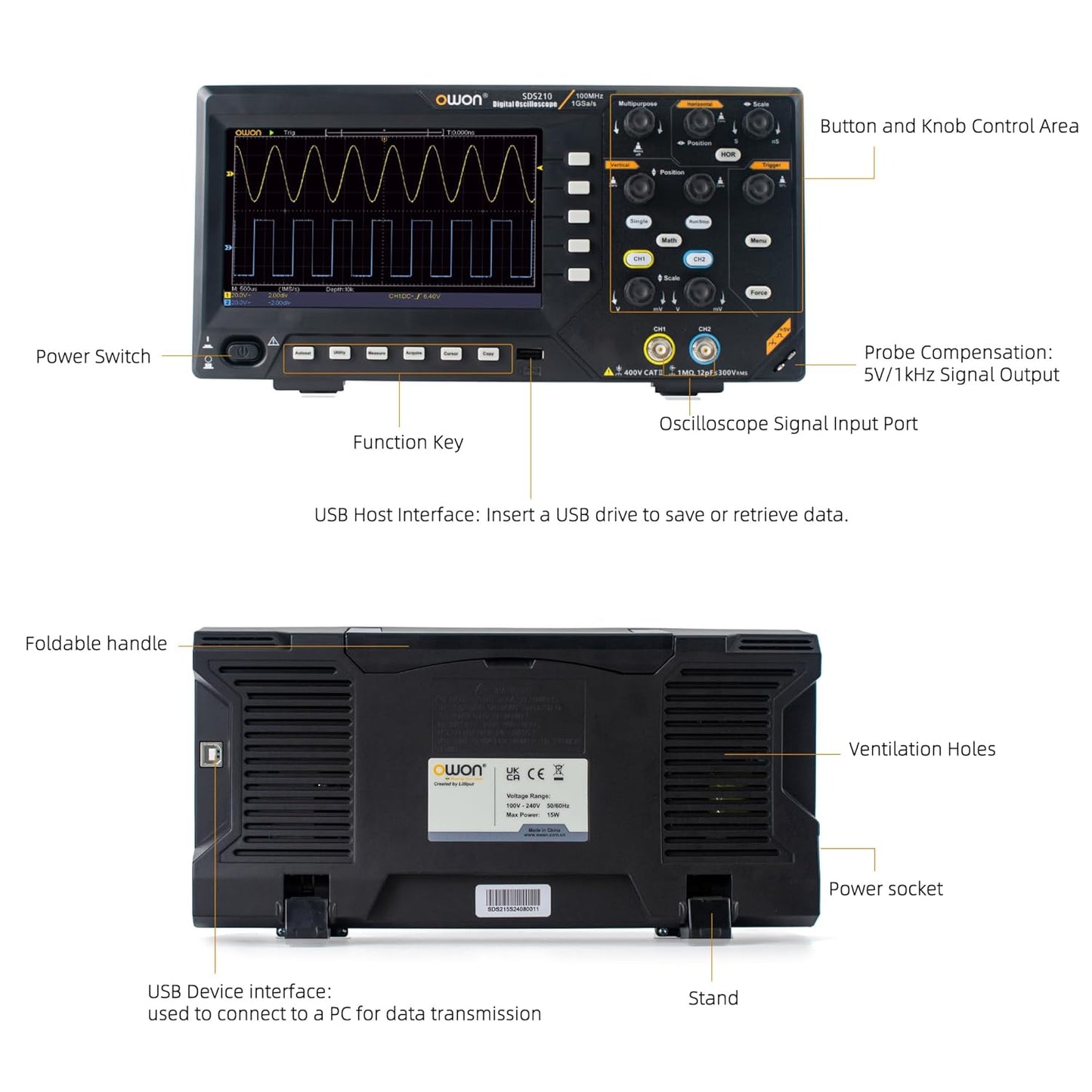 SDS210 OWON Oscilloscope 100MHz Bandwidth 2CH 1GS/s Sample Rate 20M Memory Depth 7” TFT LCD Display