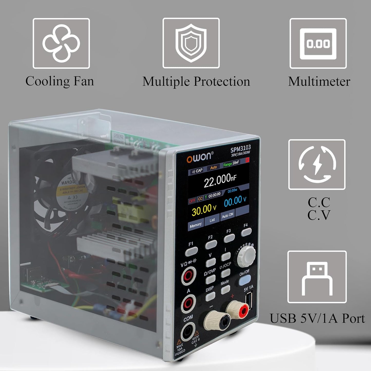 SPM3103 OWON DC Power Supply Built-in 4 1/2 Digits Multimeter 2-in-1 Function with 2.8 inch LCD Easy to Read (300W/30V/10) 110V Input Voltage