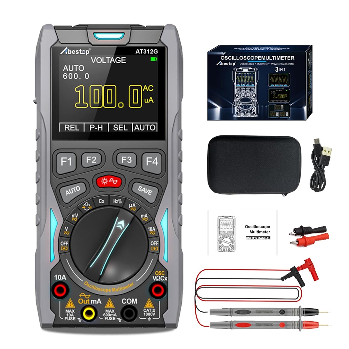 Abestop オシロスコープ 3 in 1 機能オシロスコープマルチメータ、波形発生器付き 12MHz 帯域幅 50MSa/s サンプリングレート信号源メータテスター (AT312G)