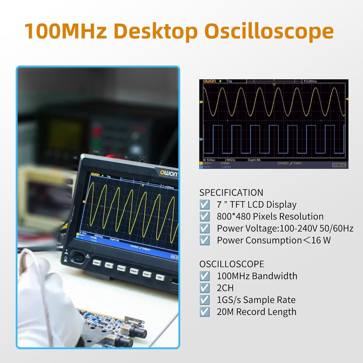 SDS210 OWON Oscilloscope 100MHz Bandwidth 2CH 1GS/s Sample Rate 20M Memory Depth 7” TFT LCD Display