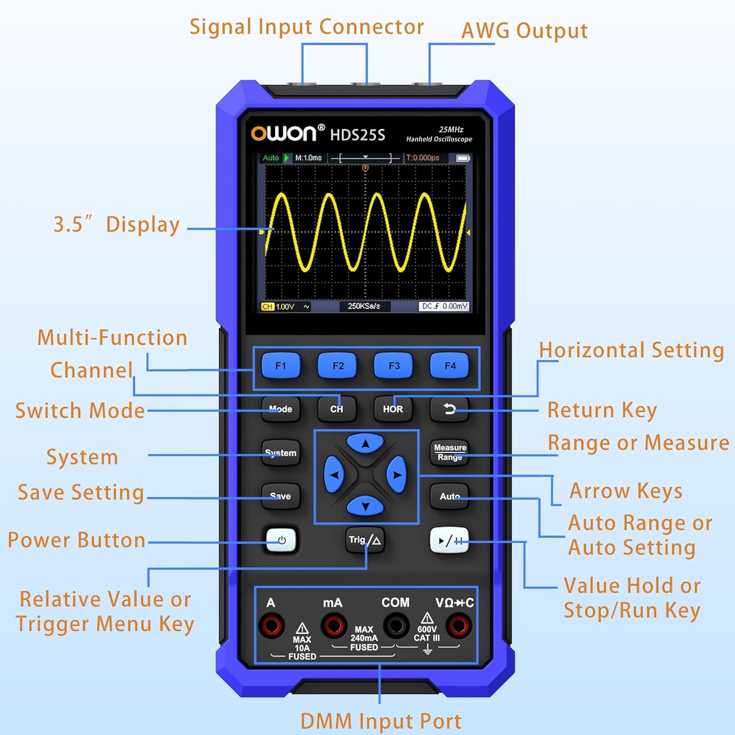HDS25S OWON Oscilloscope 2+1 Channel Handheld 25MHz Bandwidth Digital Oscilloscope 250 MSa/s Sample Rate 10MHz Waveform Generator Digital Multimeter