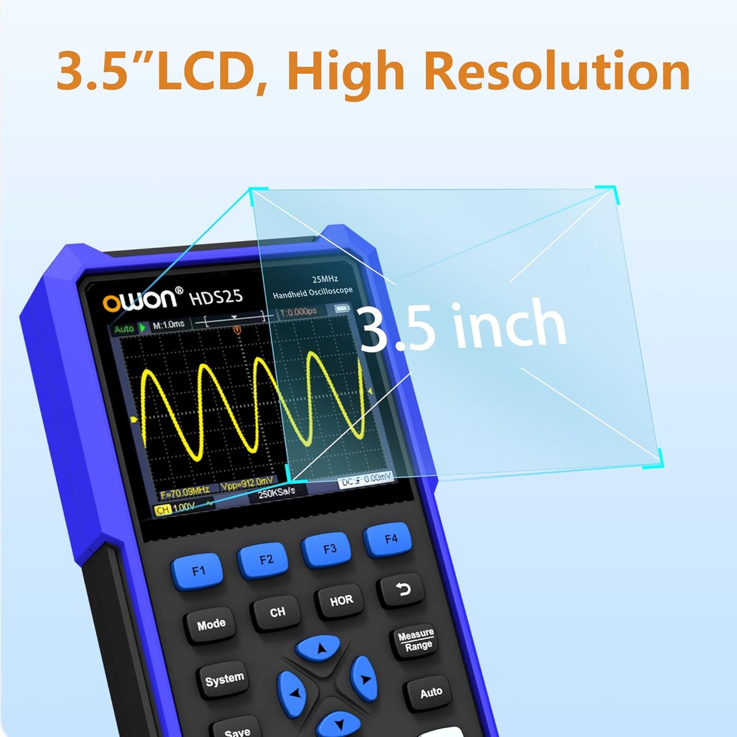HDS25 OWON Oscilloscope Dual Channel Handheld 25MHz Bandwidth Digital Oscilloscope 250 MSa/s Sample Rate Digital Multimeter 3.5” LCD
