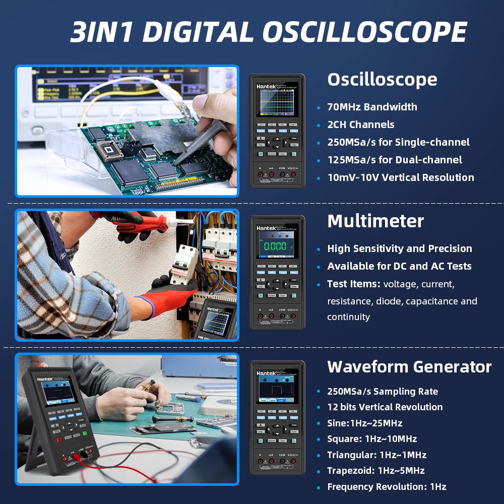 Hantek 2D72 Handheld Oscilloscope 70MHz Waveform Generator Multimeter 3 in 1 Multifunction Tester 2CH+AFG+DMM Comes with 2 Probes