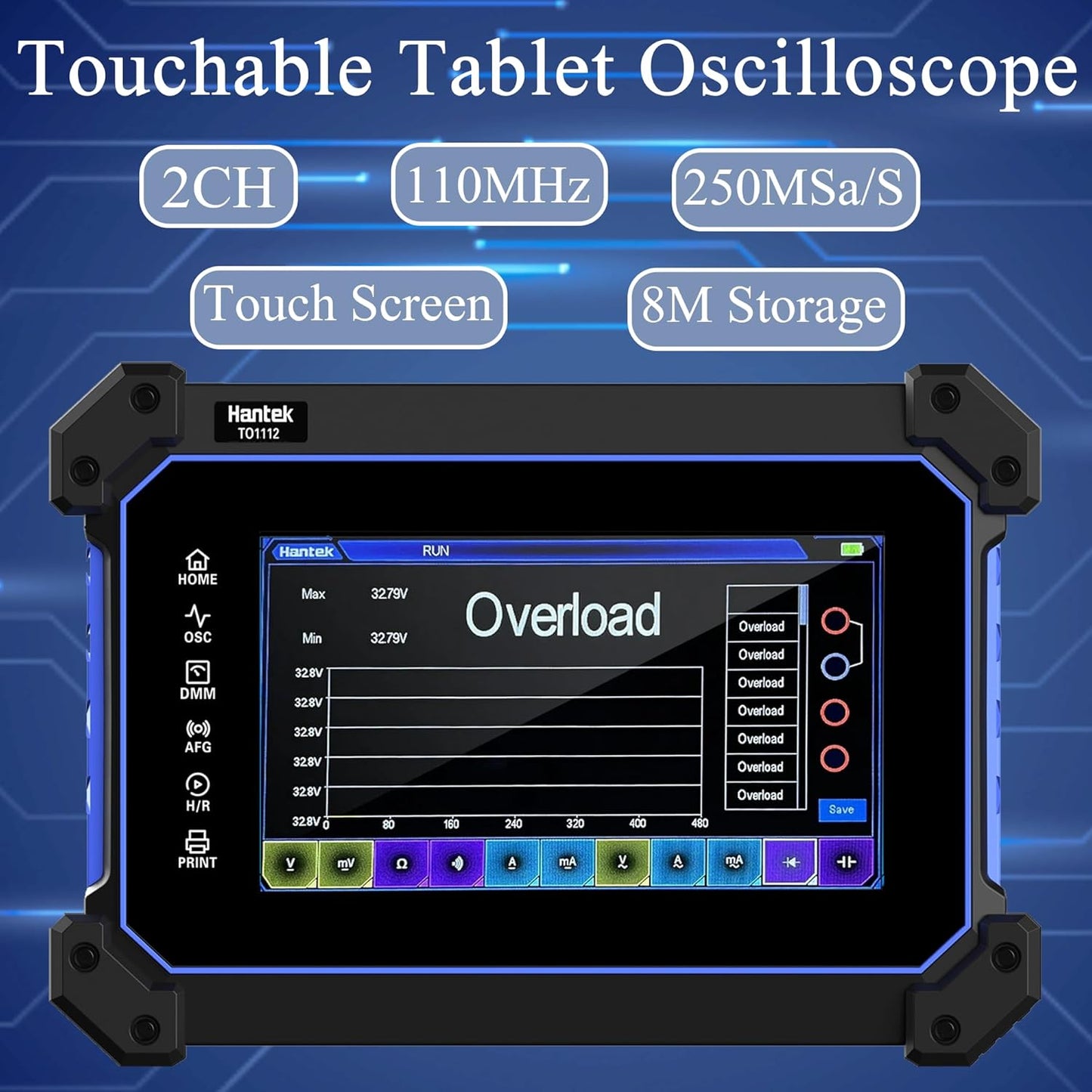 Hantek Tablet Oscilloscope 110MHz Bandwidth 250MSa/S 8M Storage Depth with 7" Touch Screen(TO1112/110MHz+2CH)