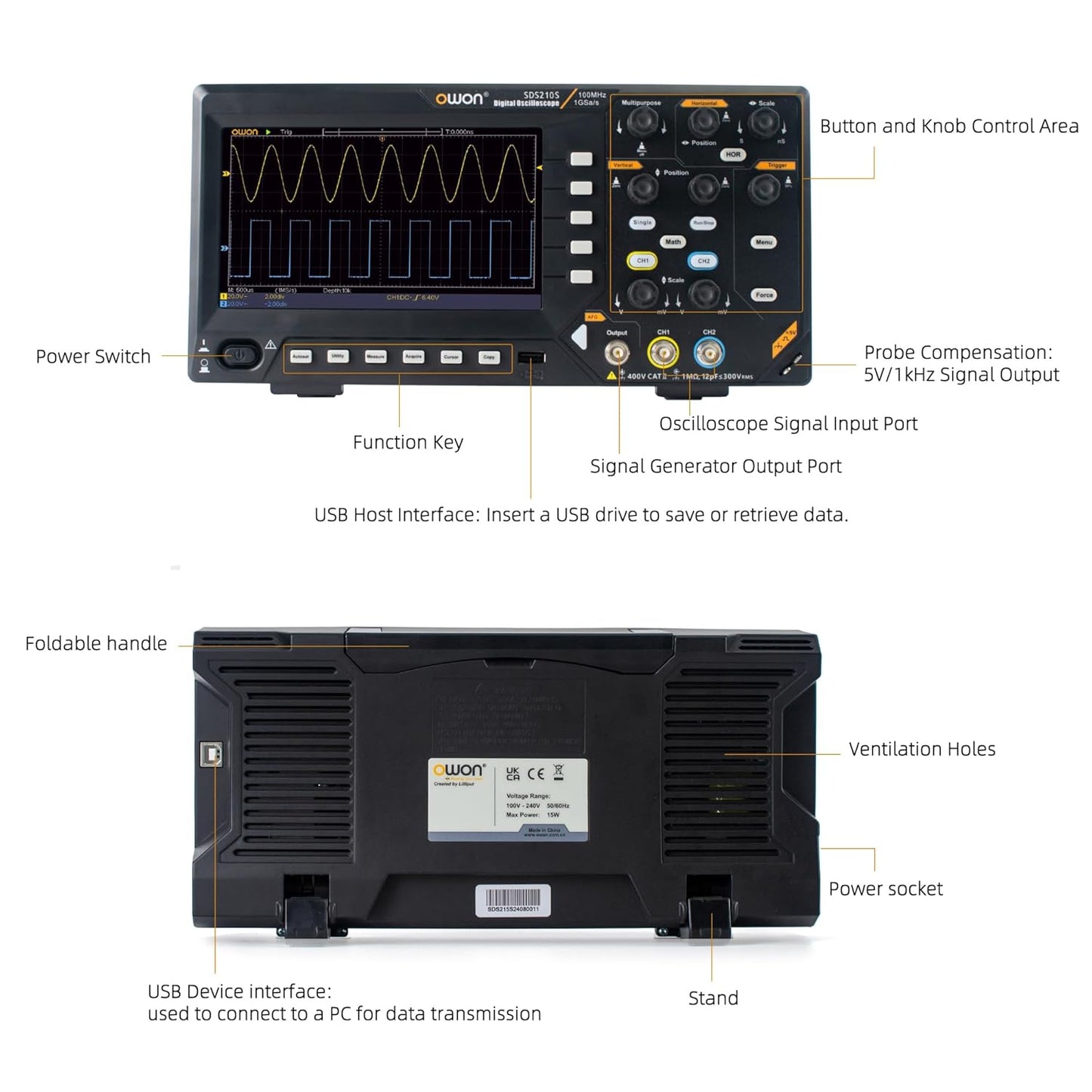 SDS210S OWON Oscilloscope 100MHz Bandwidth 2+1 Channel 3 in 1 Functions with 25MHz Signal Source with 7” LCD Display Support 30 Automatic Waveform Measurements