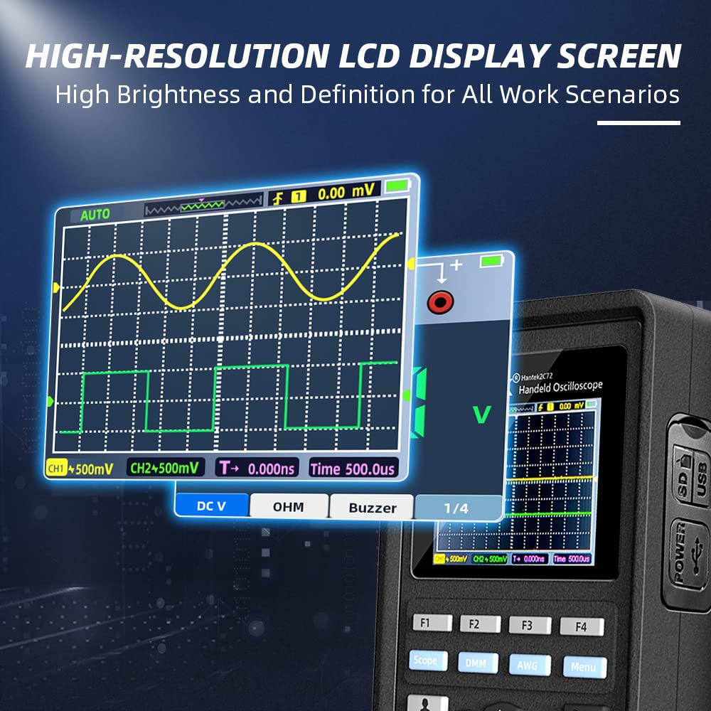 Hantek 2C72 Handheld Oscilloscope 70MHz Multimeter 2CH+DMM 2 in 1 Multifunction Tester