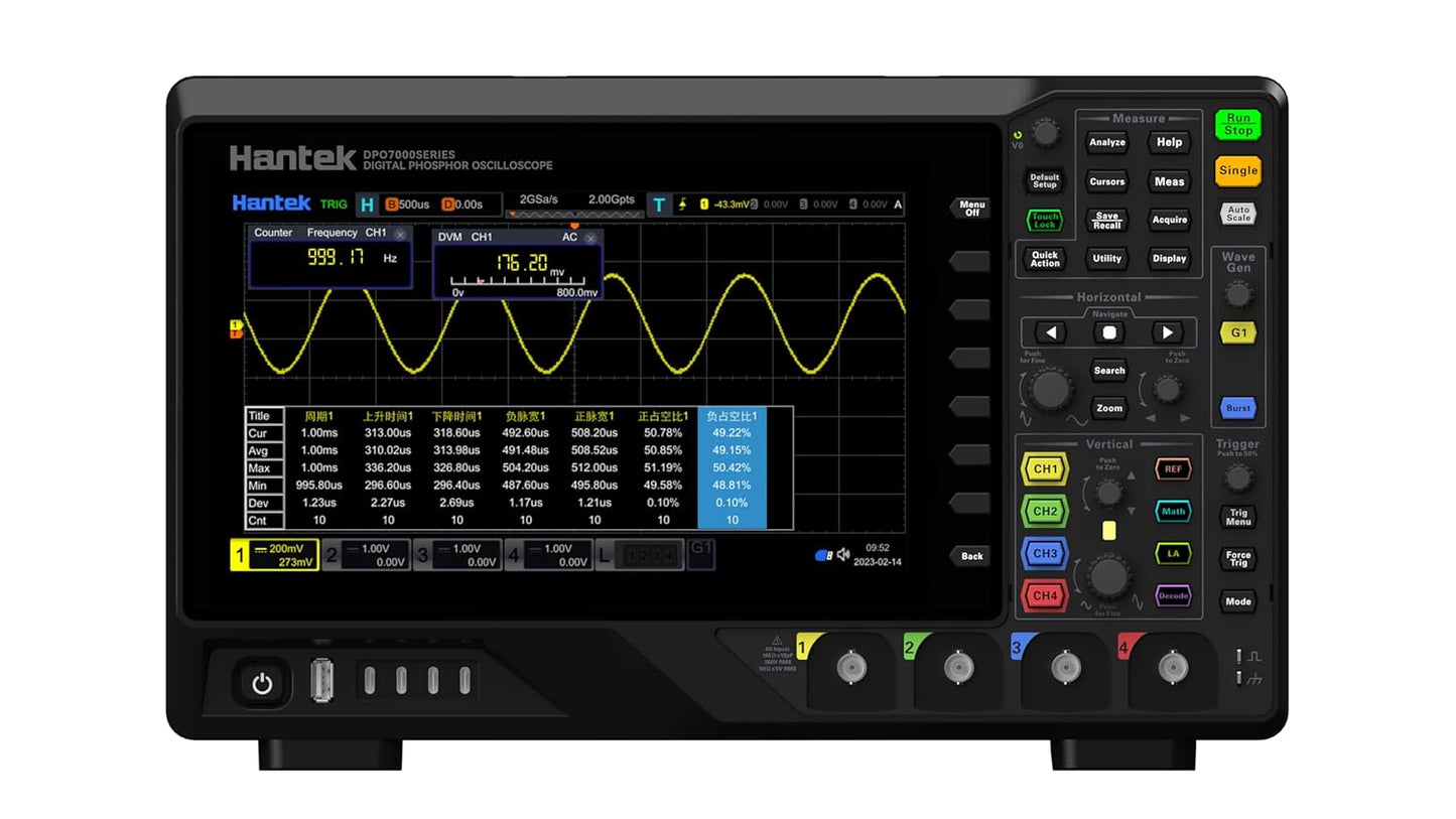 Hantek Oscilloscope 500MHz Bandwidth 4+1CH Waveform Generator 16CH Logic Analyzer 2Gpts Memory Depth with Higher Precision Professional Oscilloscopes (DPO7504U/4+1+16CH/500MHz)