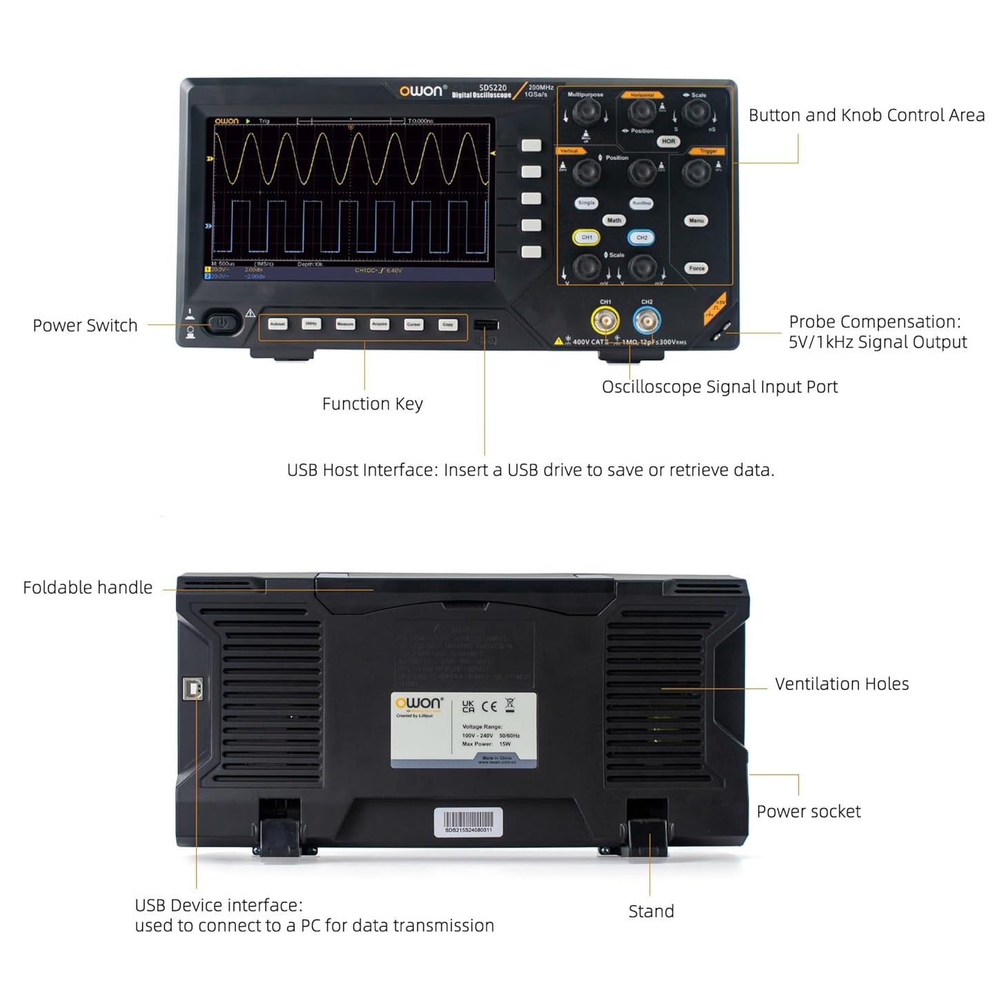 SDS220 OWON Desktop Oscilloscope 2CH 200MHz Bandwidth 1GS/s Sample Rate Support FFT Spectrum Analysis Support 30 Automatic Waveform with 7” LCD Display
