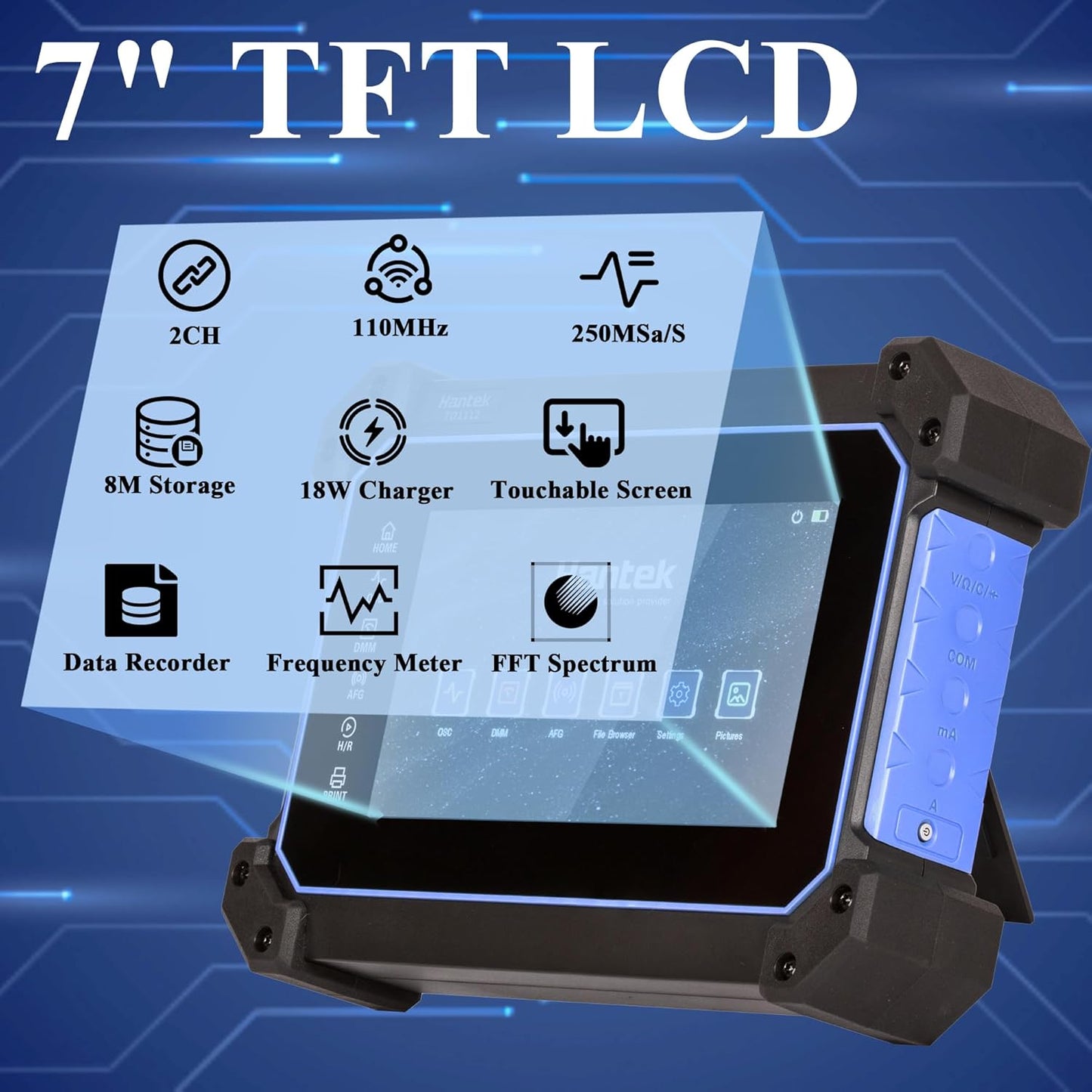 Hantek Tablet Oscilloscope 110MHz Bandwidth 250MSa/S 8M Storage Depth with 7" Touch Screen(TO1112/110MHz+2CH)