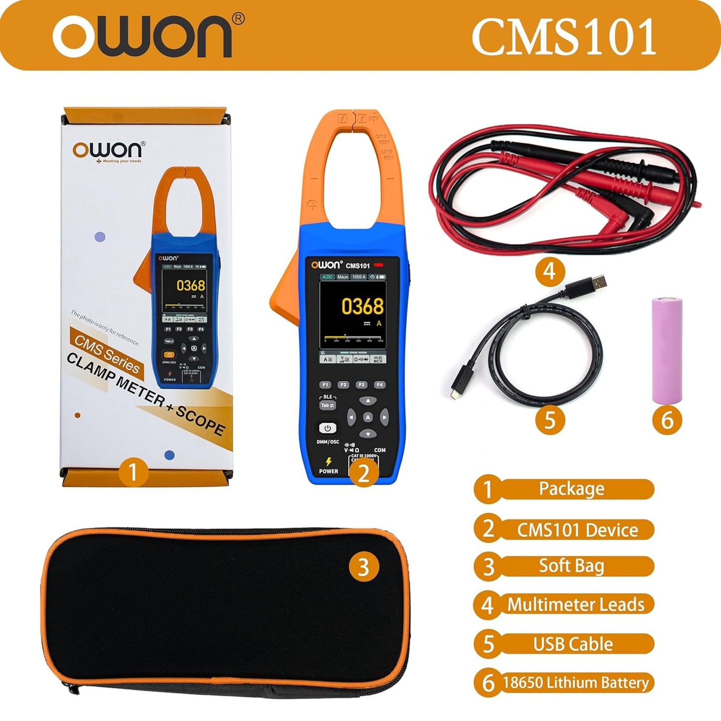 OWON Clamp Meter 1000A Smart AC/DC Clamp Meter with 1KHz Oscilloscope Record Function 3 in 1 Functions with 2.8-inch IPS LCD Display (CMS101)